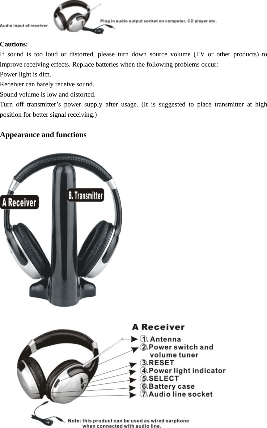  Cautions: If sound is too loud or distorted, please turn down source volume (TV or other products) to improve receiving effects. Replace batteries when the following problems occur: Power light is dim. Receiver can barely receive sound.   Sound volume is low and distorted. Turn off transmitter’s power supply after usage. (It is suggested to place transmitter at high position for better signal receiving.)    Appearance and functions                                                          