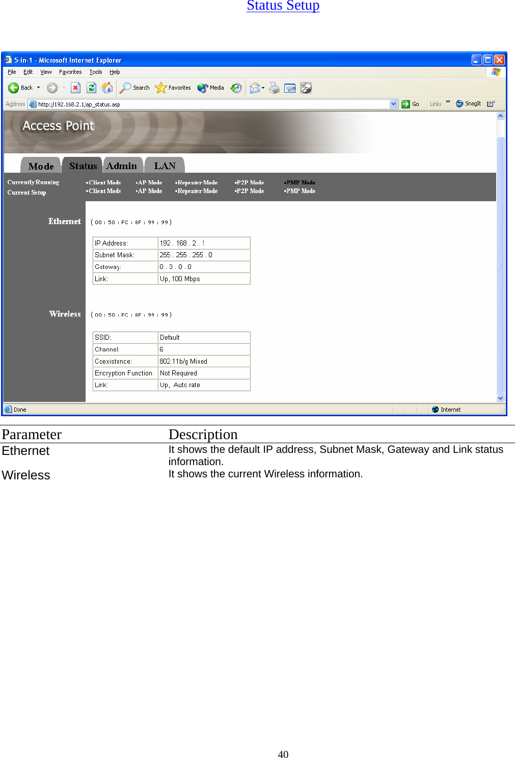 40Status Setup  Parameter Description Ethernet It shows the default IP address, Subnet Mask, Gateway and Link status information. Wireless  It shows the current Wireless information. 