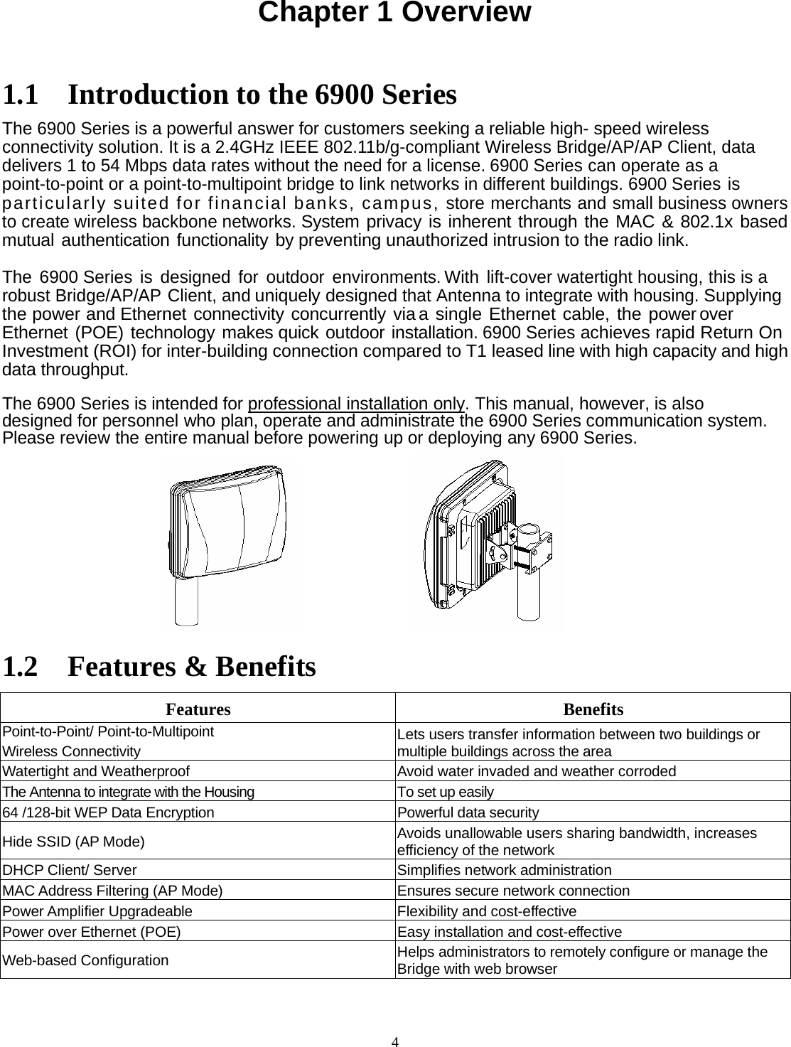 4Chapter 1 Overview  1.1 Introduction to the 6900 Series The 6900 Series is a powerful answer for customers seeking a reliable high- speed wireless connectivity solution. It is a 2.4GHz IEEE 802.11b/g-compliant Wireless Bridge/AP/AP Client, data delivers 1 to 54 Mbps data rates without the need for a license. 6900 Series can operate as a point-to-point or a point-to-multipoint bridge to link networks in different buildings. 6900 Series is particularly suited for financial banks, campus, store merchants and small business owners to create wireless backbone networks. System privacy is inherent through the MAC &amp; 802.1x based mutual authentication functionality by preventing unauthorized intrusion to the radio link.  The 6900 Series is designed for outdoor environments. With lift-cover watertight housing, this is a robust Bridge/AP/AP Client, and uniquely designed that Antenna to integrate with housing. Supplying the power and Ethernet connectivity concurrently via a single Ethernet cable, the power over Ethernet (POE) technology makes quick outdoor installation. 6900 Series achieves rapid Return On Investment (ROI) for inter-building connection compared to T1 leased line with high capacity and high data throughput.  The 6900 Series is intended for professional installation only. This manual, however, is also designed for personnel who plan, operate and administrate the 6900 Series communication system. Please review the entire manual before powering up or deploying any 6900 Series.                                  1.2 Features &amp; Benefits Features Benefits Point-to-Point/ Point-to-Multipoint Wireless Connectivity Lets users transfer information between two buildings or multiple buildings across the area Watertight and Weatherproof Avoid water invaded and weather corroded The Antenna to integrate with the Housing  To set up easily 64 /128-bit WEP Data Encryption Powerful data security Hide SSID (AP Mode) Avoids unallowable users sharing bandwidth, increases efficiency of the network DHCP Client/ Server Simplifies network administration MAC Address Filtering (AP Mode) Ensures secure network connection Power Amplifier Upgradeable Flexibility and cost-effective Power over Ethernet (POE) Easy installation and cost-effective Web-based Configuration Helps administrators to remotely configure or manage the Bridge with web browser 