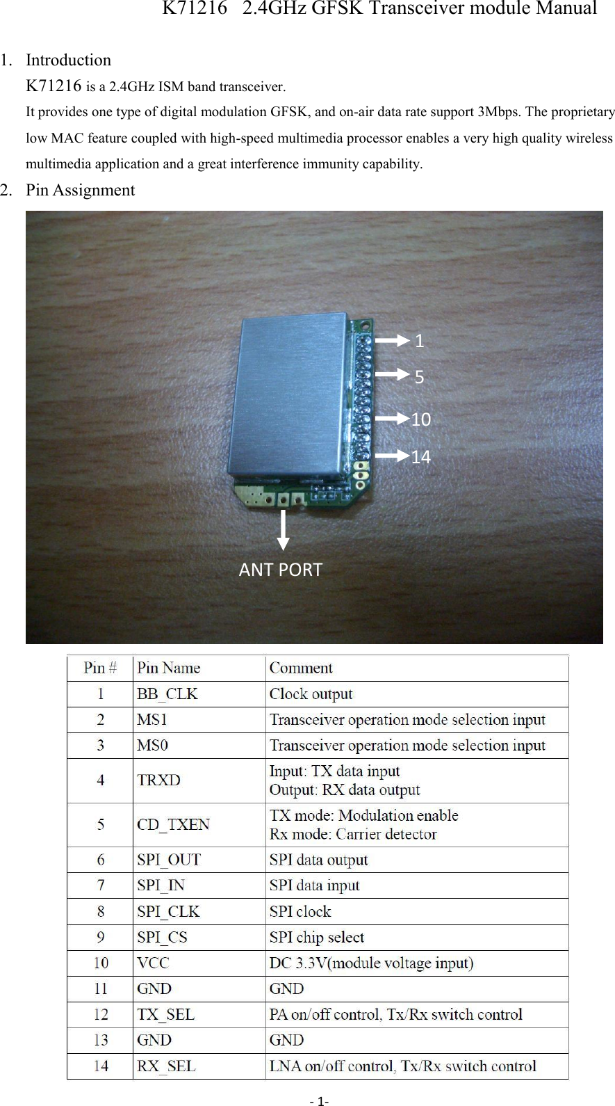 - 1-  K71216   2.4GHz GFSK Transceiver module Manual  1. Introduction K71216 is a 2.4GHz ISM band transceiver. It provides one type of digital modulation GFSK, and on-air data rate support 3Mbps. The proprietary low MAC feature coupled with high-speed multimedia processor enables a very high quality wireless multimedia application and a great interference immunity capability. 2. Pin Assignment                                   1 5  10 14 ANT PORT 