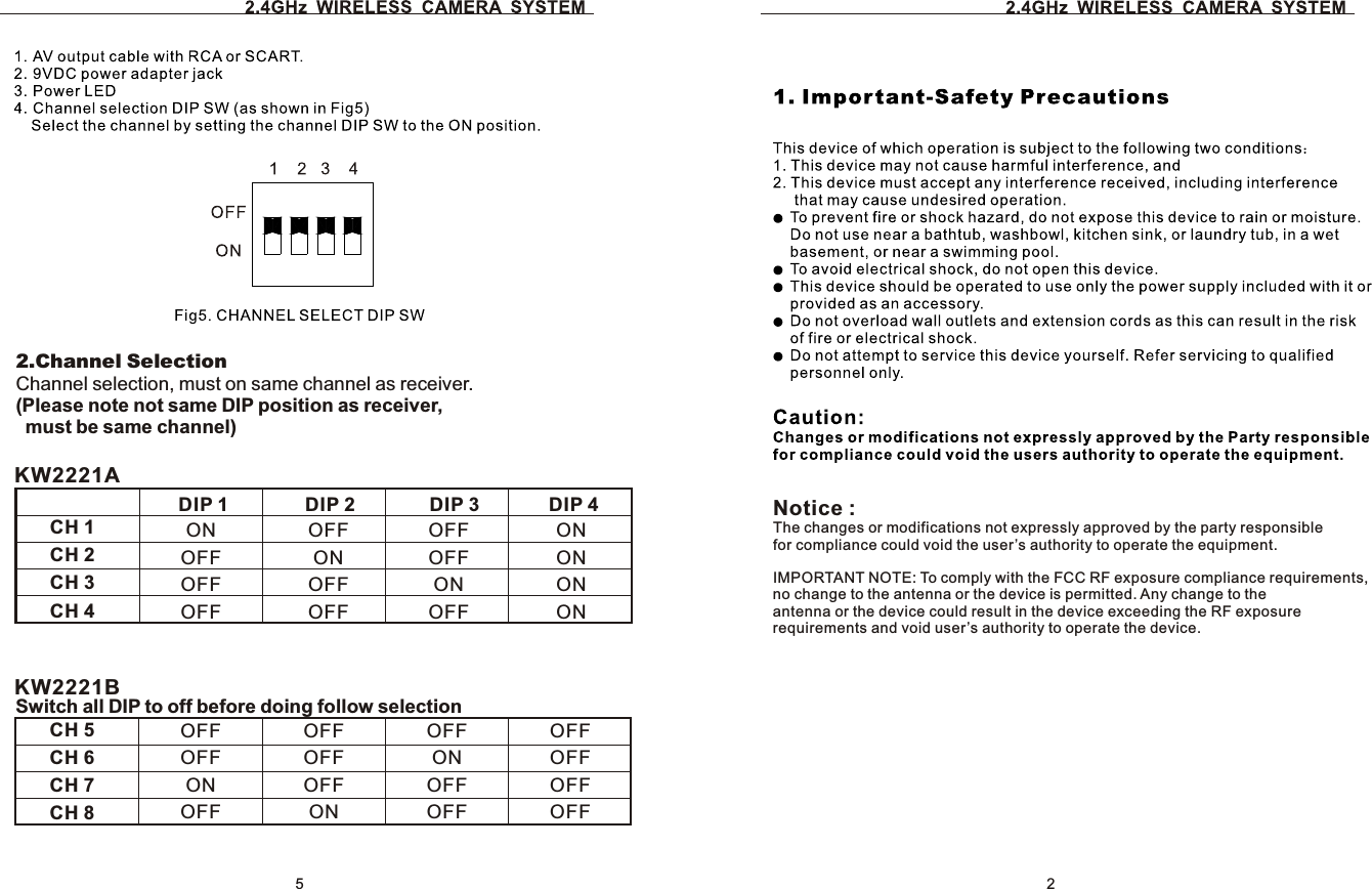 2CH 1CH 2CH 3CH 4DIP 1   DIP 2              DIP 3             DIP 4ONOFFOFFOFFOFFONOFFOFFOFFOFFONOFFONONONON2.Channel SelectionChannel selection, must on same channel as receiver.(Please note not same DIP position as receiver,  must be same channel)Switch all DIP to off before doing follow selection CH 5CH 6CH 7CH 8OFFOFFONOFFOFFOFFOFFONOFFONOFFOFFOFFOFFOFFOFFKW2221AKW2221B5Notice : The changes or modifications not expressly approved by the party responsiblefor compliance could void the user&rsquo;s authority to operate the equipment. IMPORTANT NOTE: To comply with the FCC RF exposure compliance requirements, no change to the antenna or the device is permitted. Any change to theantenna or the device could result in the device exceeding the RF exposure requirements and void user&rsquo;s authority to operate the device.