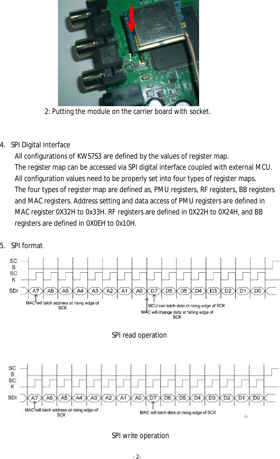 - 2-             2: Putting the module on the carrier board with socket.   4. SPI Digital Interface All configurations of KWS7S3 are defined by the values of register map.   The register map can be accessed via SPI digital interface coupled with external MCU.   All configuration values need to be properly set into four types of register maps.   The four types of register map are defined as, PMU registers, RF registers, BB registers and MAC registers. Address setting and data access of PMU registers are defined in MAC register 0X32H to 0x33H. RF registers are defined in 0X22H to 0X24H, and BB registers are defined in 0X0EH to 0x10H.  5. SPI format        SPI read operation         SPI write operation  1 