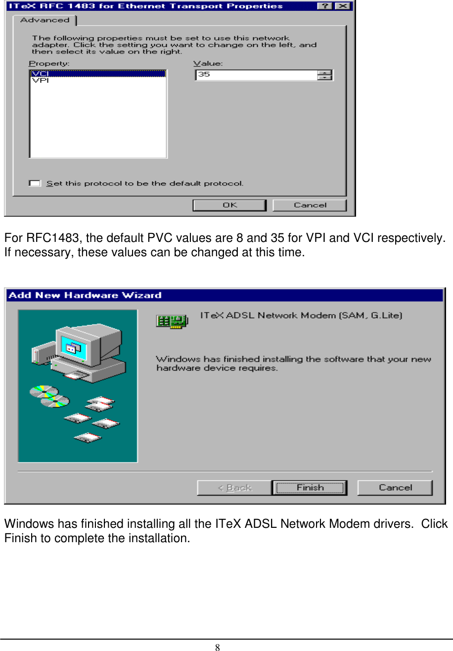 8For RFC1483, the default PVC values are 8 and 35 for VPI and VCI respectively.If necessary, these values can be changed at this time.Windows has finished installing all the ITeX ADSL Network Modem drivers.  ClickFinish to complete the installation.