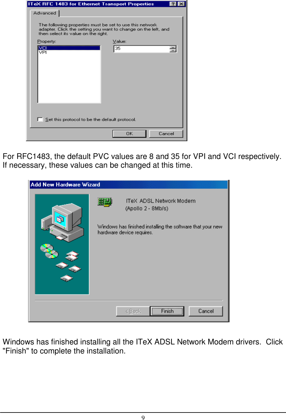 9For RFC1483, the default PVC values are 8 and 35 for VPI and VCI respectively.If necessary, these values can be changed at this time.Windows has finished installing all the ITeX ADSL Network Modem drivers.  Click&quot;Finish&quot; to complete the installation.