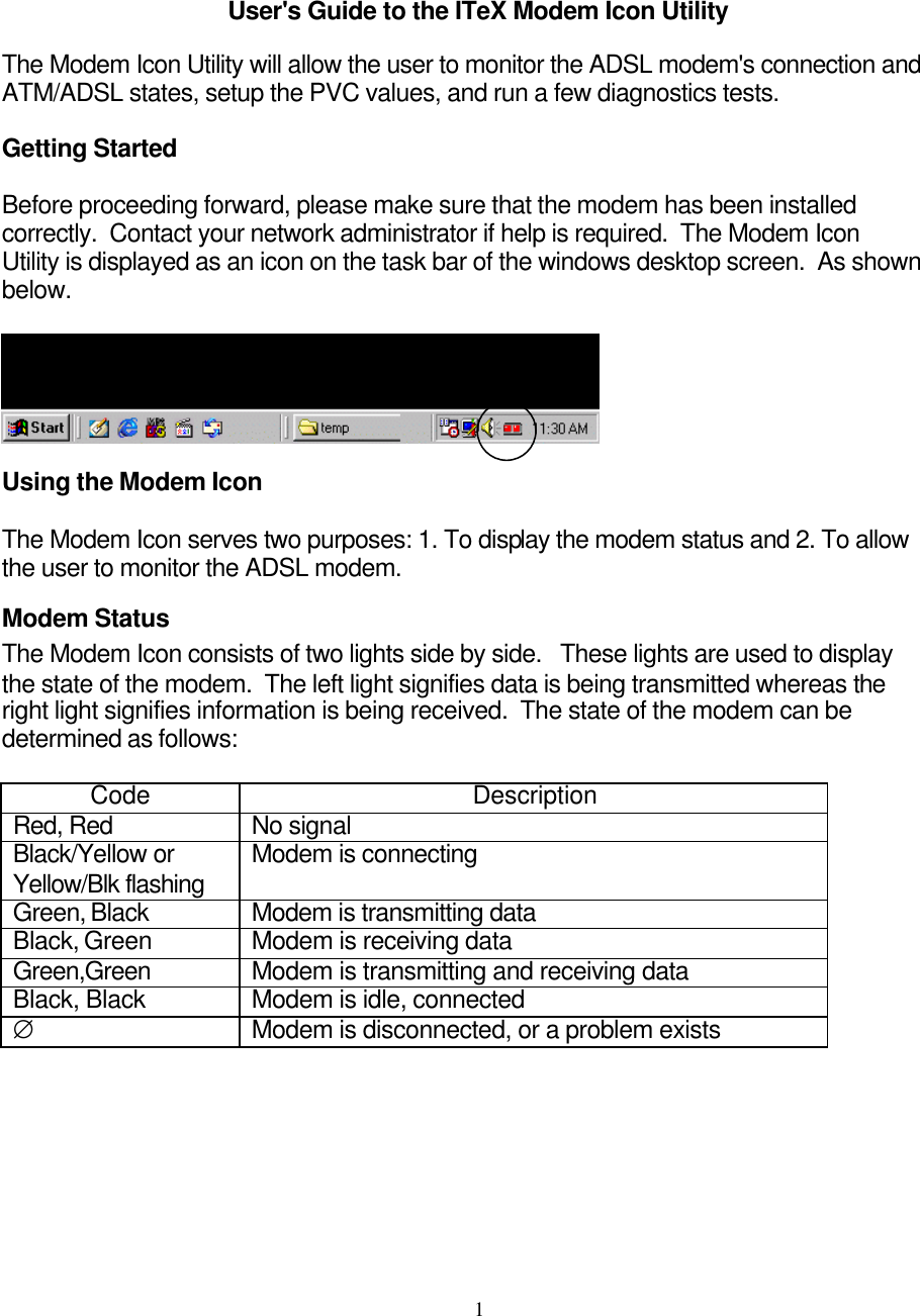     1User&apos;s Guide to the ITeX Modem Icon Utility  The Modem Icon Utility will allow the user to monitor the ADSL modem&apos;s connection and ATM/ADSL states, setup the PVC values, and run a few diagnostics tests.   Getting Started  Before proceeding forward, please make sure that the modem has been installed correctly.  Contact your network administrator if help is required.  The Modem Icon Utility is displayed as an icon on the task bar of the windows desktop screen.  As shown below.      Using the Modem Icon  The Modem Icon serves two purposes: 1. To display the modem status and 2. To allow the user to monitor the ADSL modem. Modem Status The Modem Icon consists of two lights side by side.   These lights are used to display the state of the modem.  The left light signifies data is being transmitted whereas the right light signifies information is being received.  The state of the modem can be determined as follows:  Code Description Red, Red No signal  Black/Yellow or Yellow/Blk flashing Modem is connecting Green, Black Modem is transmitting data Black, Green Modem is receiving data Green,Green Modem is transmitting and receiving data  Black, Black Modem is idle, connected ∅ Modem is disconnected, or a problem exists    