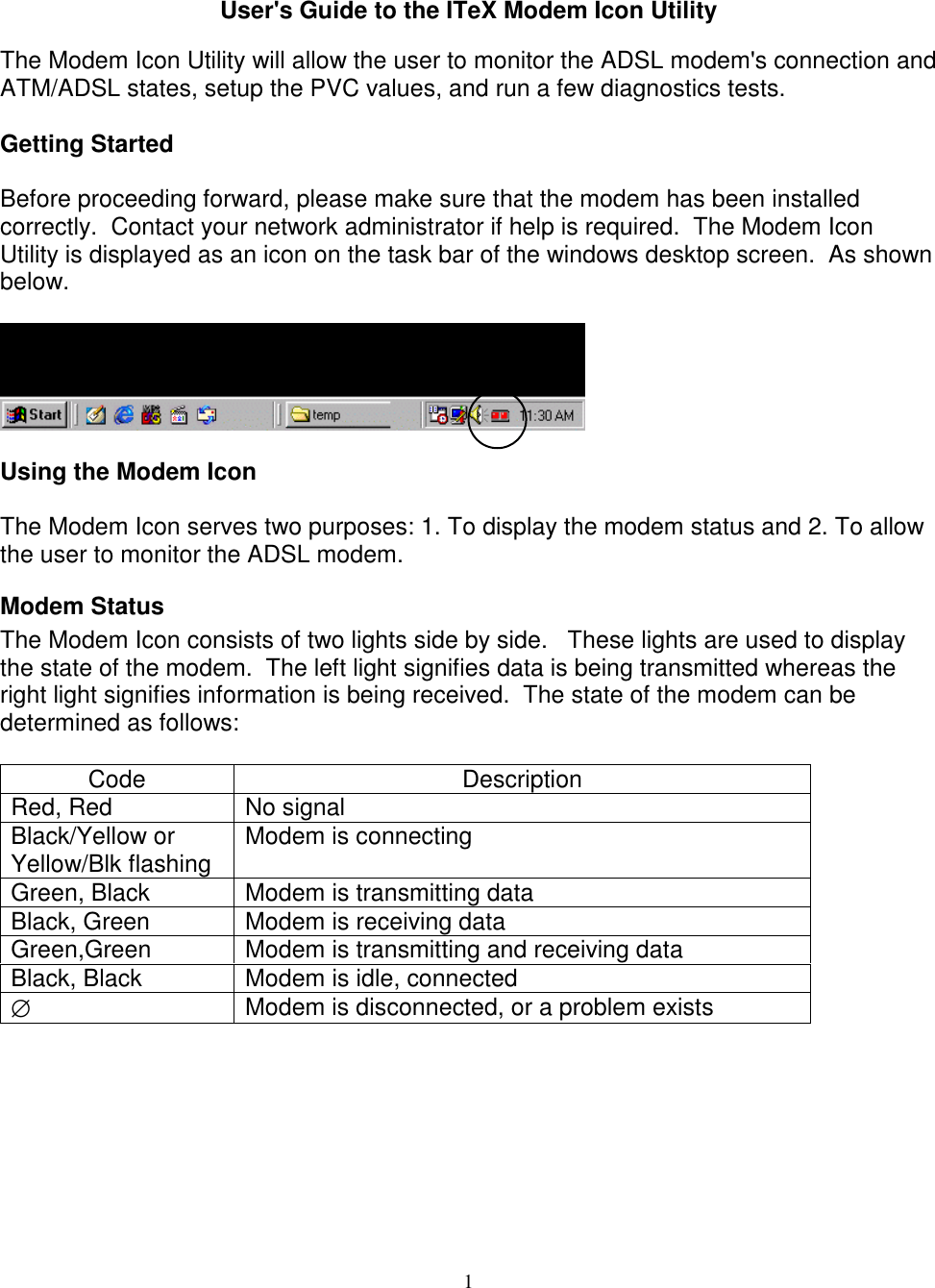 1User&apos;s Guide to the ITeX Modem Icon UtilityThe Modem Icon Utility will allow the user to monitor the ADSL modem&apos;s connection andATM/ADSL states, setup the PVC values, and run a few diagnostics tests.Getting StartedBefore proceeding forward, please make sure that the modem has been installedcorrectly.  Contact your network administrator if help is required.  The Modem IconUtility is displayed as an icon on the task bar of the windows desktop screen.  As shownbelow.Using the Modem IconThe Modem Icon serves two purposes: 1. To display the modem status and 2. To allowthe user to monitor the ADSL modem.Modem StatusThe Modem Icon consists of two lights side by side.   These lights are used to displaythe state of the modem.  The left light signifies data is being transmitted whereas theright light signifies information is being received.  The state of the modem can bedetermined as follows:Code DescriptionRed, Red No signalBlack/Yellow orYellow/Blk flashing Modem is connectingGreen, Black Modem is transmitting dataBlack, Green Modem is receiving dataGreen,Green Modem is transmitting and receiving dataBlack, Black Modem is idle, connected∅Modem is disconnected, or a problem exists