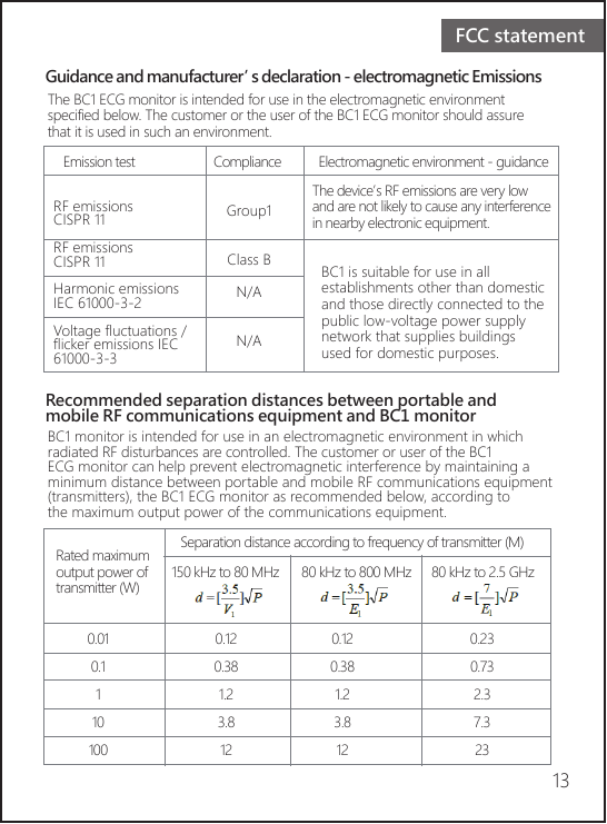 FCC statementEmission test                       Compliance           Electromagnetic environment - guidanceGuidance and manufacturer’s declaration - electromagnetic EmissionsThe BC1 ECG monitor is intended for use in the electromagnetic environment specified below. The customer or the user of the BC1 ECG monitor should assure that it is used in such an environment. Recommended separation distances between portable and mobile RF communications equipment and BC1 monitor BC1 monitor is intended for use in an electromagnetic environment in which radiated RF disturbances are controlled. The customer or user of the BC1 ECG monitor can help prevent electromagnetic interference by maintaining a minimum distance between portable and mobile RF communications equipment (transmitters), the BC1 ECG monitor as recommended below, according to the maximum output power of the communications equipment.               RF emissions CISPR 11 RF emissions CISPR 11 Harmonic emissions IEC 61000-3-2 Voltage fluctuations / flicker emissions IEC 61000-3-3 Group1Class BN/AN/AThe device’s RF emissions are very low and are not likely to cause any interferencein nearby electronic equipment. BC1 is suitable for use in all establishments other than domestic and those directly connected to the public low-voltage power supply network that supplies buildings used for domestic purposes. Rated maximum output power of transmitter (W)0.010.11101000.120.381.23.8120.120.381.23.8120.230.732.37.323Separation distance according to frequency of transmitter (M)150 kHz to 80 MHz 80 kHz to 800 MHz 80 kHz to 2.5 GHz13