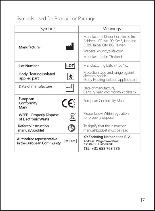 17Symbols Used for Product or PackageManufacture: Kinpo Electronics, Inc. Address: 10F, No. 99, Sec5, NanJing E. Rd, Taipei City 105, TaiwanWebsite: www.xyz-life.comManufactured in Thailand Manufacturing batch / lot No.Protection type and range against electrical shock(Body Floating isolated applied part)Date of manufacture,Century year xxxx month xx date xxEuropean Conformity MarkPlease follow WEEE regulation for properly disposalTo signify that the instruction manual/booklet must be readSymbols MeaningsRefer to instruction manual/bookletTEL: +31 658 768 735 