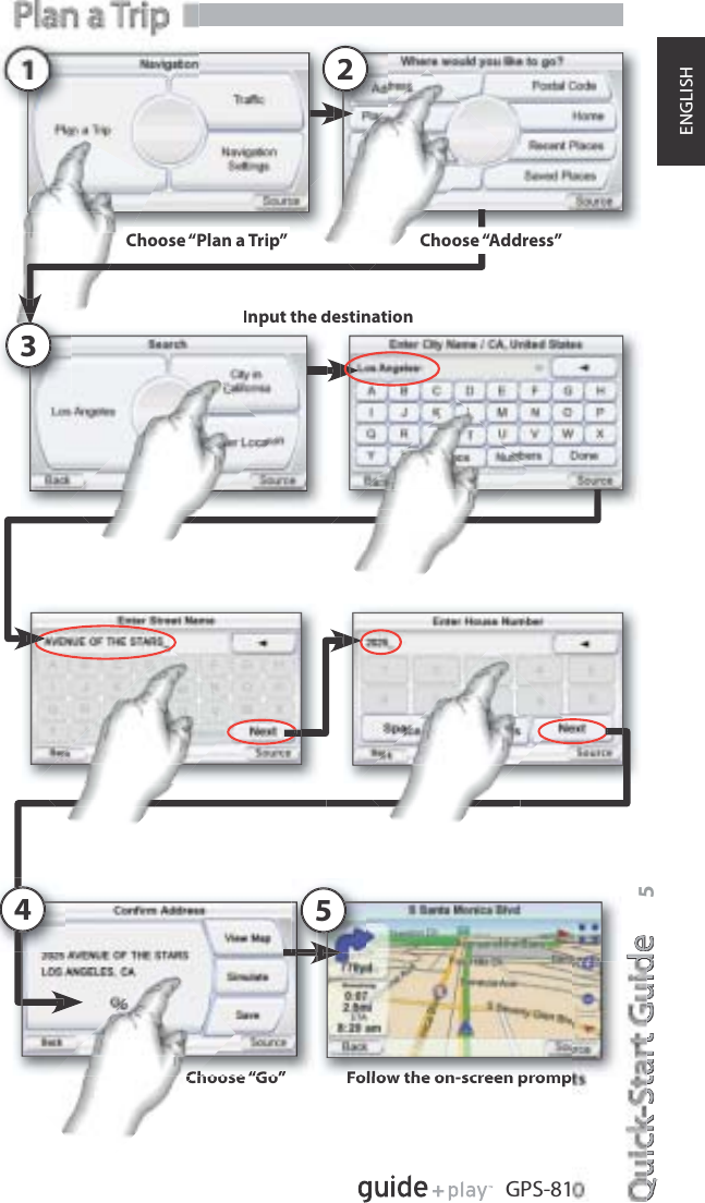 Quick-Start GuideQuickStartiGuidee5GPS-81ENGLISHInput the destination213Choose “Plan a Trip”Choose “Address”Follow the on-screen promp54Choose “Go”