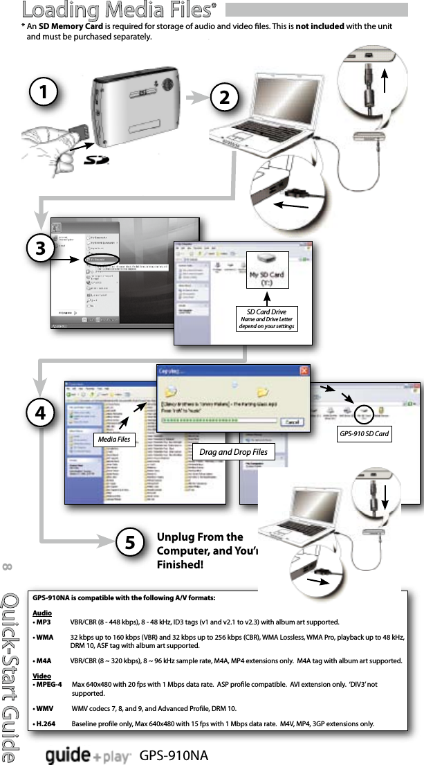 Quick-Start Guide8GPS-910NAGPS-910NA is compatible with the following A/V formats:Audio• MP3    VBR/CBR (8 - 448 kbps), 8 - 48 kHz, ID3 tags (v1 and v2.1 to v2.3) with album art supported.• WMA    32 kbps up to 160 kbps (VBR) and 32 kbps up to 256 kbps (CBR), WMA Lossless, WMA Pro, playback up to 48 kHz, DRM 10, ASF tag with album art supported.• M4A    VBR/CBR (8 ~ 320 kbps), 8 ~ 96 kHz sample rate, M4A, MP4 extensions only.  M4A tag with album art supported.Video• MPEG-4    Max 640x480 with 20 fps with 1 Mbps data rate.  ASP prole compatible.  AVI extension only.  ‘DIV3’ not supported.• WMV    WMV codecs 7, 8, and 9, and Advanced Prole, DRM 10.• H.264    Baseline prole only, Max 640x480 with 15 fps with 1 Mbps data rate.  M4V, MP4, 3GP extensions only.Loading Media Files*21SD Card DriveName and Drive Letterdepend on your settings*  An SD Memory Card is required for storage of audio and video les. This is not included with the unit and must be purchased separately.Media Files GPS-910 SD CardDrag and Drop Files534Unplug From the Computer, and You’re Finished!