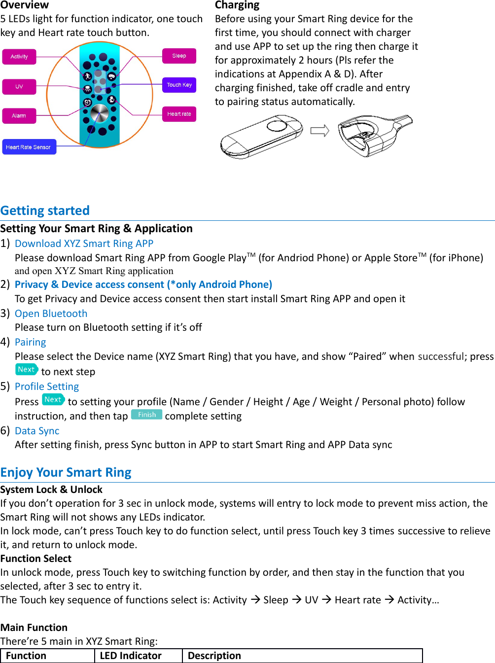 Overview5 LEDs light for function indicator, one touchkey and Heart rate touch button.ChargingBefore using your Smart Ring device for the first time, you should connect with charger and use APP to set up the ring then charge itfor approximately 2 hours (Pls refer the indications at Appendix A &amp; D). After charging finished, take off cradle and entry to pairing status automatically.Getting startedSetting Your Smart Ring &amp; Application1) Download XYZ Smart Ring APPPlease download Smart Ring APP from Google PlayTM (for Andriod Phone) or Apple StoreTM (for iPhone) and open XYZ Smart Ring application2) Privacy &amp; Device access consent (*only Android Phone)To get Privacy and Device access consent then start install Smart Ring APP and open it3) Open BluetoothPlease turn on Bluetooth setting if it’s off 4) PairingPlease select the Device name (XYZ Smart Ring) that you have, and show “Paired” when successful; press to next step5) Profile SettingPress   to setting your profile (Name / Gender / Height / Age / Weight / Personal photo) follow instruction, and then tap   complete setting6) Data SyncAfter setting finish, press Sync button in APP to start Smart Ring and APP Data syncEnjoy Your Smart RingSystem Lock &amp; UnlockIf you don’t operation for 3 sec in unlock mode, systems will entry to lock mode to prevent miss action, the Smart Ring will not shows any LEDs indicator.In lock mode, can’t press Touch key to do function select, until press Touch key 3 times successive to relieve it, and return to unlock mode.Function SelectIn unlock mode, press Touch key to switching function by order, and then stay in the function that you selected, after 3 sec to entry it.The Touch key sequence of functions select is: Activity  Sleep  UV  Heart rate  Activity…Main FunctionThere’re 5 main in XYZ Smart Ring:Function LED Indicator Description