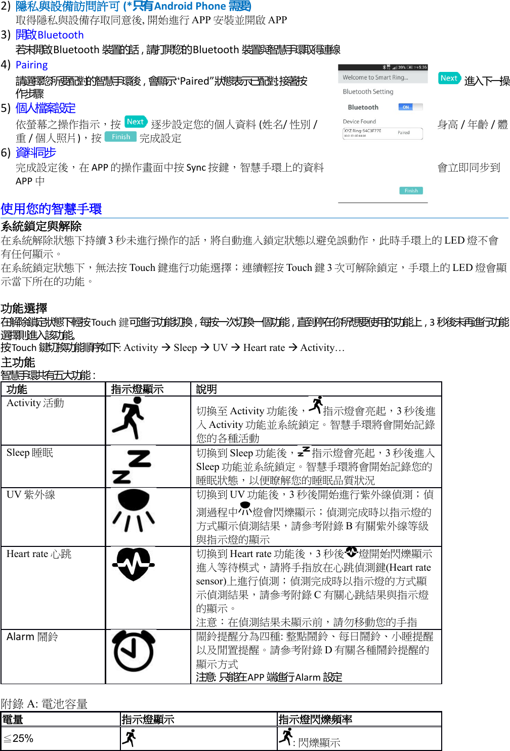 2) 隱私與設備訪問許可 (*  只有Android Phone 需要)取得隱私與設備存取同意後, 開始進行 APP 安裝並開啟 APP3) 開啟Bluetooth若未開啟Bluetooth 裝置的話，請打開您的Bluetooth 裝置與智慧手環取得連線4) Pairing請選擇您所要配對的智慧手環後，會顯示“Paired”狀態表示已配對;接著按  進入下一操作步驟5) 個人檔案設定依螢幕之操作指示，按   逐步設定您的個人資料 (姓名/ 性別 /  身高 / 年齡 / 體重 / 個人照片)，按   完成設定6) 資料同步完成設定後，在 APP 的操作畫面中按 Sync 按鍵，智慧手環上的資料 會立即同步到APP 中使用您的智慧手環系統鎖定與解除在系統解除狀態下持續 3秒未進行操作的話，將自動進入鎖定狀態以避免誤動作，此時手環上的 LED 燈不會有任何顯示。在系統鎖定狀態下，無法按 Touch 鍵進行功能選擇；連續輕按 Touch 鍵3次可解除鎖定，手環上的 LED 燈會顯示當下所在的功能。功能選擇在解除鎖定狀態下輕按Touch 鍵可進行功能切換，每按一次切換一個功能，直到停在你所想要使用的功能上，3秒後未再進行功能選擇則進入該功能。按Touch 鍵切換功能順序如下: Activity  Sleep  UV  Heart rate  Activity…主功能智慧手環共有五大功能：功能 指示燈顯示 說明Activity 活動 切換至 Activity 功能後， 指示燈會亮起，3秒後進入Activity 功能並系統鎖定。智慧手環將會開始記錄您的各種活動Sleep 睡眠 切換到 Sleep 功能後， 指示燈會亮起，3秒後進入Sleep 功能並系統鎖定。智慧手環將會開始記錄您的睡眠狀態，以便瞭解您的睡眠品質狀況UV 紫外線 切換到 UV 功能後，3秒後開始進行紫外線偵測；偵測過程中 燈會閃爍顯示；偵測完成時以指示燈的方式顯示偵測結果，請參考附錄 B有關紫外線等級與指示燈的顯示Heart rate 心跳 切換到 Heart rate 功能後，3秒後 燈開始閃爍顯示進入等待模式，請將手指放在心跳偵測鍵(Heart rate sensor)上進行偵測；偵測完成時以指示燈的方式顯示偵測結果，請參考附錄 C有關心跳結果與指示燈的顯示。注意：在偵測結果未顯示前，請勿移動您的手指Alarm 鬧鈴 閙鈴提醒分為四種: 整點鬧鈴、每日鬧鈴、小睡提醒以及閒置提醒。請參考附錄 D有關各種鬧鈴提醒的顯示方式注意: 只能在APP 端進行Alarm 設定附錄 A: 電池容量電量 指示燈顯示 指示燈閃爍頻率≦25% : 閃爍顯示