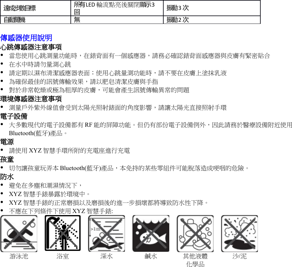 達成步數目標 所有LED 輪流點亮後關閉顯示3回振動3次自動關機 無 振動2次傳感器使用說明心跳傳感器注意事項當您使用心跳測量功能時，在錶背面有一個感應器，請務必確認錶背面感應器與皮膚有緊密貼合在水中時請勿量測心跳請定期以濕布清潔感應器表面；使用心跳量測功能時，請不要在皮膚上塗抹乳液為確保最佳的訊號傳輸效果，請以肥皂清潔皮膚與手指對於非常乾燥或極為粗厚的皮膚，可能會產生訊號傳輸異常的問題環境傳感器注意事項測量戶外紫外線值會受到太陽光照射錶面的角度影響，請讓太陽光直接照射手環電子設備大多數現代的電子設備都有RF 能的屏障功能。但仍有部份電子設備例外，因此請務於醫療設備附近使用Bluetooth(藍牙)產品。電源請使用 XYZ 智慧手環所附的充電座進行充電孩童切勿讓孩童玩弄本Bluetooth(藍牙)產品，本免持的某些零組件可能脫落造成哽咽的危險。防水避免在多塵和潮濕情況下， XYZ 智慧手錶暴露於環境中。XYZ 智慧手錶的正常磨損以及磨損後的進一步損壞都將導致防水性下降。不應在下列條件下使用 XYZ 智慧手錶:游泳池浴室 深水鹹水 其他液體化學品沙/泥