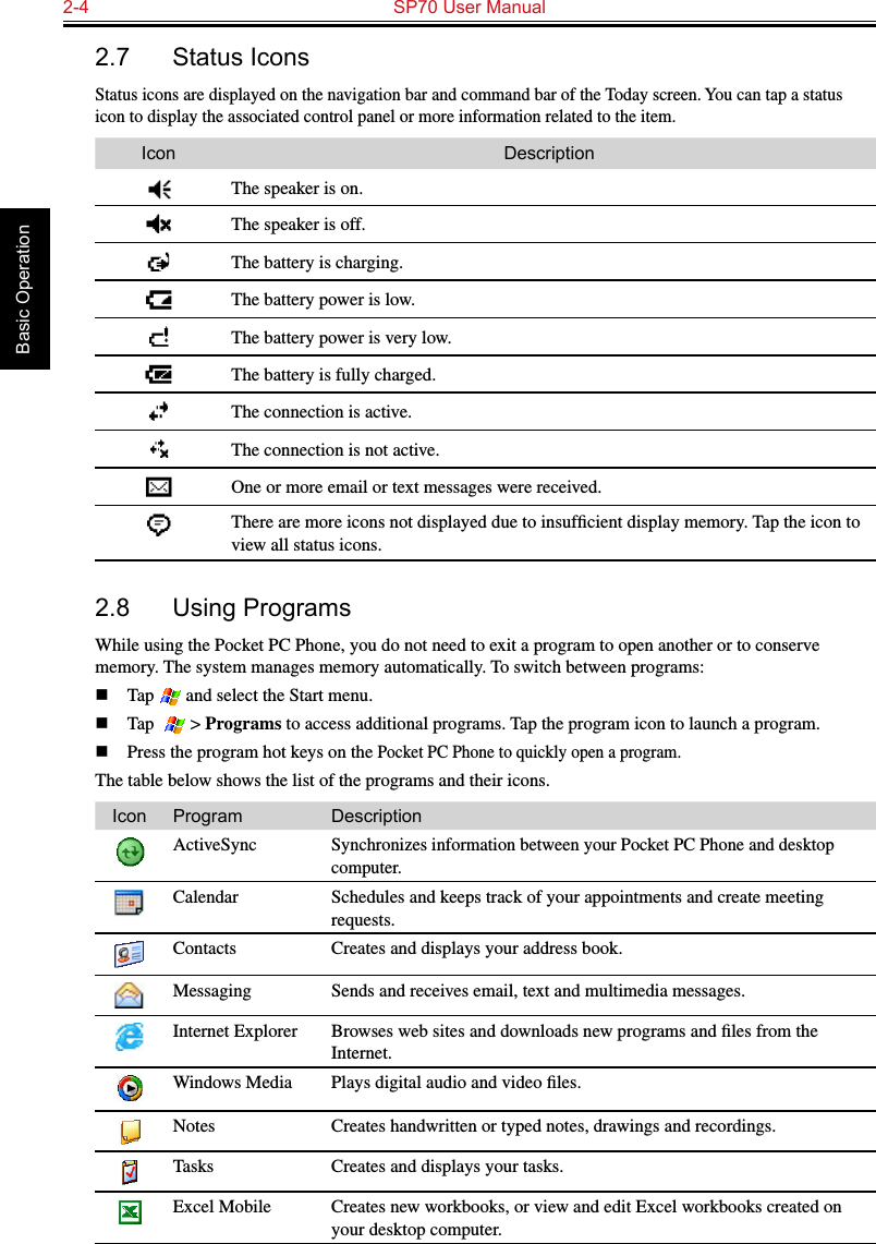 2-4  SP70 User Manual Basic Operation2.7  Status IconsStatus icons are displayed on the navigation bar and command bar of the Today screen. You can tap a status icon to display the associated control panel or more information related to the item.Icon DescriptionThe speaker is on.The speaker is off.The battery is charging.The battery power is low.The battery power is very low.The battery is fully charged.The connection is active.The connection is not active.One or more email or text messages were received.There are more icons not displayed due to insufﬁcient display memory. Tap the icon to view all status icons.2.8  Using ProgramsWhile using the Pocket PC Phone, you do not need to exit a program to open another or to conserve memory. The system manages memory automatically. To switch between programs:n  Tap   and select the Start menu.n  Tap    &gt; Programs to access additional programs. Tap the program icon to launch a program.n  Press the program hot keys on the Pocket PC Phone to quickly open a program.The table below shows the list of the programs and their icons.Icon Program DescriptionActiveSyncSynchronizes information between your Pocket PC Phone and desktop computer.Calendar Schedules and keeps track of your appointments and create meeting requests.Contacts Creates and displays your address book.Messaging Sends and receives email, text and multimedia messages.Internet Explorer Browses web sites and downloads new programs and ﬁles from the Internet.Windows Media  Plays digital audio and video ﬁles.Notes Creates handwritten or typed notes, drawings and recordings.Tasks Creates and displays your tasks.Excel Mobile Creates new workbooks, or view and edit Excel workbooks created on your desktop computer.