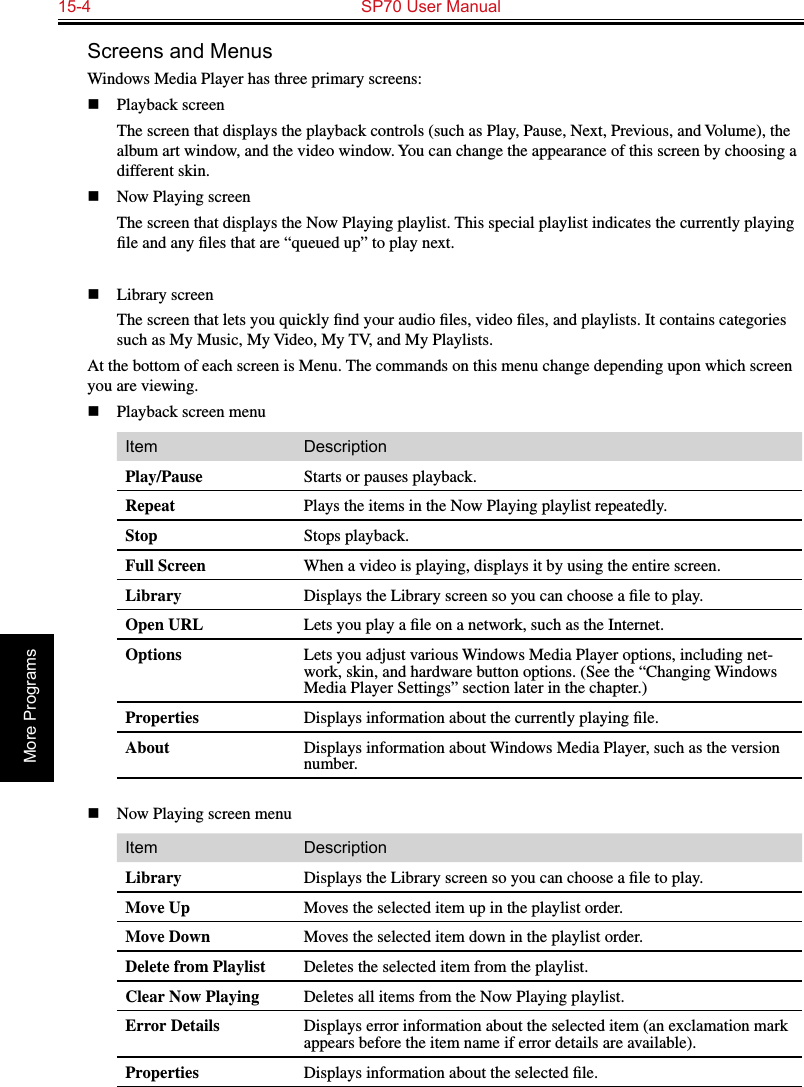 15-4  SP70 User ManualMore ProgramsScreens and MenusWindows Media Player has three primary screens:n  Playback screen  The screen that displays the playback controls (such as Play, Pause, Next, Previous, and Volume), the album art window, and the video window. You can change the appearance of this screen by choosing a different skin.n  Now Playing screen  The screen that displays the Now Playing playlist. This special playlist indicates the currently playing ﬁle and any ﬁles that are “queued up” to play next.n  Library screen  The screen that lets you quickly ﬁnd your audio ﬁles, video ﬁles, and playlists. It contains categories such as My Music, My Video, My TV, and My Playlists.At the bottom of each screen is Menu. The commands on this menu change depending upon which screen you are viewing.n  Playback screen menuItem DescriptionPlay/Pause Starts or pauses playback.Repeat Plays the items in the Now Playing playlist repeatedly.Stop Stops playback.Full Screen When a video is playing, displays it by using the entire screen.Library Displays the Library screen so you can choose a ﬁle to play.Open URL Lets you play a ﬁle on a network, such as the Internet.Options Lets you adjust various Windows Media Player options, including net-work, skin, and hardware button options. (See the “Changing Windows Media Player Settings” section later in the chapter.)Properties Displays information about the currently playing ﬁle.About Displays information about Windows Media Player, such as the version number.n  Now Playing screen menuItem DescriptionLibrary Displays the Library screen so you can choose a ﬁle to play.Move Up Moves the selected item up in the playlist order.Move Down Moves the selected item down in the playlist order.Delete from Playlist Deletes the selected item from the playlist.Clear Now Playing Deletes all items from the Now Playing playlist.Error Details Displays error information about the selected item (an exclamation mark appears before the item name if error details are available).Properties Displays information about the selected ﬁle.