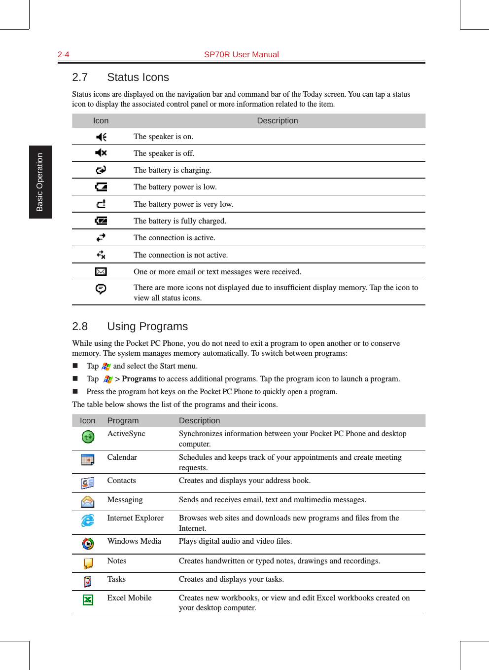 2-4  SP70R User Manual Basic Operation2.7  Status IconsStatus icons are displayed on the navigation bar and command bar of the Today screen. You can tap a status icon to display the associated control panel or more information related to the item.Icon DescriptionThe speaker is on.The speaker is off.The battery is charging.The battery power is low.The battery power is very low.The battery is fully charged.The connection is active.The connection is not active.One or more email or text messages were received.There are more icons not displayed due to insufﬁcient display memory. Tap the icon to view all status icons.2.8  Using ProgramsWhile using the Pocket PC Phone, you do not need to exit a program to open another or to conserve memory. The system manages memory automatically. To switch between programs:n  Tap   and select the Start menu.n  Tap    &gt; Programs to access additional programs. Tap the program icon to launch a program.n  Press the program hot keys on the Pocket PC Phone to quickly open a program.The table below shows the list of the programs and their icons.Icon Program DescriptionActiveSyncSynchronizes information between your Pocket PC Phone and desktop computer.Calendar Schedules and keeps track of your appointments and create meeting requests.Contacts Creates and displays your address book.Messaging Sends and receives email, text and multimedia messages.Internet Explorer Browses web sites and downloads new programs and ﬁles from the Internet.Windows Media  Plays digital audio and video ﬁles.Notes Creates handwritten or typed notes, drawings and recordings.Tasks Creates and displays your tasks.Excel Mobile Creates new workbooks, or view and edit Excel workbooks created on your desktop computer.