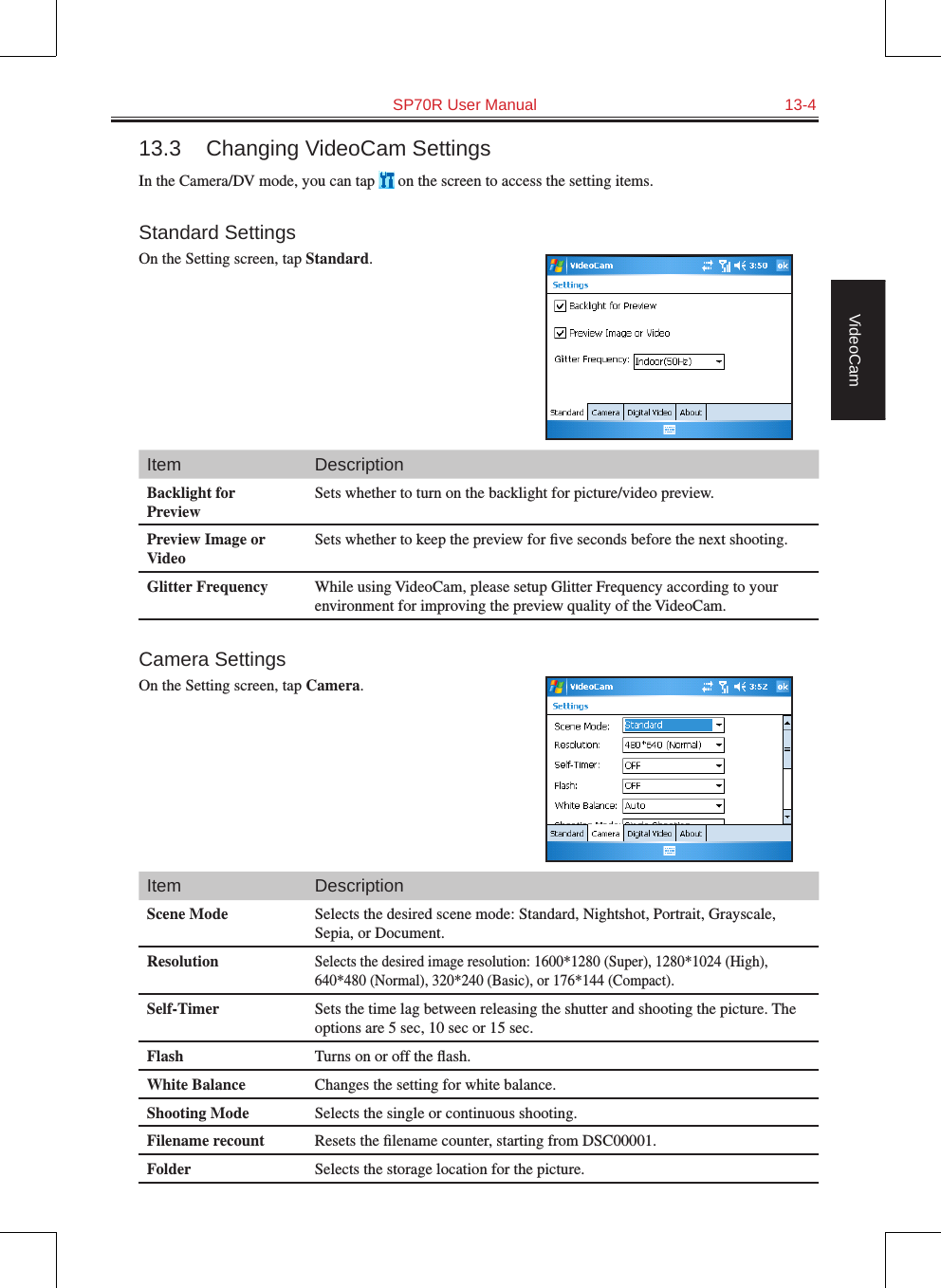   SP70R User Manual  13-4VideoCam13.3  Changing VideoCam SettingsIn the Camera/DV mode, you can tap   on the screen to access the setting items.Standard SettingsOn the Setting screen, tap Standard.Item DescriptionBacklight for PreviewSets whether to turn on the backlight for picture/video preview.Preview Image or VideoSets whether to keep the preview for ﬁve seconds before the next shooting.Glitter Frequency While using VideoCam, please setup Glitter Frequency according to your environment for improving the preview quality of the VideoCam.Camera SettingsOn the Setting screen, tap Camera.Item DescriptionScene Mode Selects the desired scene mode: Standard, Nightshot, Portrait, Grayscale, Sepia, or Document.ResolutionSelects the desired image resolution: 1600*1280 (Super), 1280*1024 (High), 640*480 (Normal), 320*240 (Basic), or 176*144 (Compact).Self-Timer Sets the time lag between releasing the shutter and shooting the picture. The options are 5 sec, 10 sec or 15 sec.Flash Turns on or off the ﬂash.White Balance Changes the setting for white balance.Shooting Mode Selects the single or continuous shooting.Filename recount Resets the ﬁlename counter, starting from DSC00001.Folder Selects the storage location for the picture.