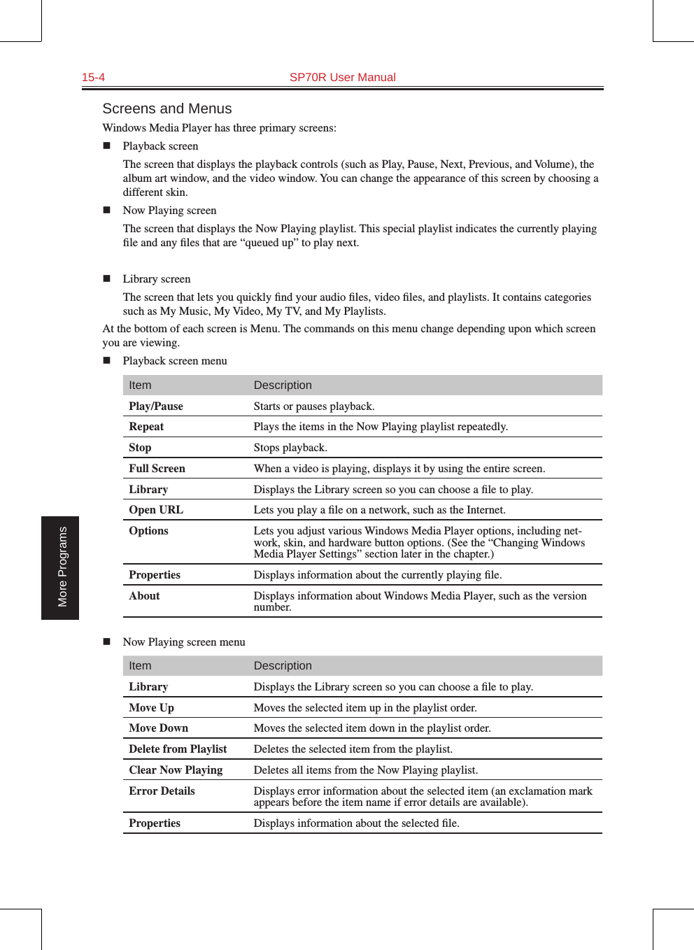 15-4  SP70R User ManualMore ProgramsScreens and MenusWindows Media Player has three primary screens:n  Playback screen  The screen that displays the playback controls (such as Play, Pause, Next, Previous, and Volume), the album art window, and the video window. You can change the appearance of this screen by choosing a different skin.n  Now Playing screen  The screen that displays the Now Playing playlist. This special playlist indicates the currently playing ﬁle and any ﬁles that are “queued up” to play next.n  Library screen  The screen that lets you quickly ﬁnd your audio ﬁles, video ﬁles, and playlists. It contains categories such as My Music, My Video, My TV, and My Playlists.At the bottom of each screen is Menu. The commands on this menu change depending upon which screen you are viewing.n  Playback screen menuItem DescriptionPlay/Pause Starts or pauses playback.Repeat Plays the items in the Now Playing playlist repeatedly.Stop Stops playback.Full Screen When a video is playing, displays it by using the entire screen.Library Displays the Library screen so you can choose a ﬁle to play.Open URL Lets you play a ﬁle on a network, such as the Internet.Options Lets you adjust various Windows Media Player options, including net-work, skin, and hardware button options. (See the “Changing Windows Media Player Settings” section later in the chapter.)Properties Displays information about the currently playing ﬁle.About Displays information about Windows Media Player, such as the version number.n  Now Playing screen menuItem DescriptionLibrary Displays the Library screen so you can choose a ﬁle to play.Move Up Moves the selected item up in the playlist order.Move Down Moves the selected item down in the playlist order.Delete from Playlist Deletes the selected item from the playlist.Clear Now Playing Deletes all items from the Now Playing playlist.Error Details Displays error information about the selected item (an exclamation mark appears before the item name if error details are available).Properties Displays information about the selected ﬁle.
