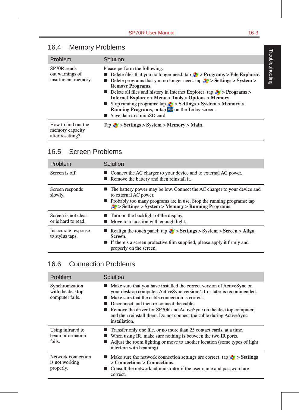   SP70R User Manual  16-3Troubleshooting16.4  Memory ProblemsProblem SolutionSP70R sends out warnings of insufﬁcient memory.Please perform the following:n  Delete ﬁles that you no longer need: tap   &gt; Programs &gt; File Explorer.n  Delete programs that you no longer need: tap   &gt; Settings &gt; System &gt; Remove Programs.n  Delete all ﬁles and history in Internet Explorer: tap   &gt; Programs &gt; Internet Explorer &gt; Menu &gt; Tools &gt; Options &gt; Memory.n  Stop running programs: tap   &gt; Settings &gt; System &gt; Memory &gt; Running Programs; or tap   on the Today screen.n  Save data to a miniSD card.How to ﬁnd out the memory capacity after resetting?.Tap   &gt; Settings &gt; System &gt; Memory &gt; Main.16.5  Screen ProblemsProblem SolutionScreen is off. n  Connect the AC charger to your device and to external AC power.n  Remove the battery and then reinstall it.Screen responds slowly.n  The battery power may be low. Connect the AC charger to your device and to external AC power.n  Probably too many programs are in use. Stop the running programs: tap  &gt; Settings &gt; System &gt; Memory &gt; Running Programs.Screen is not clear or is hard to read.n  Turn on the backlight of the display.n  Move to a location with enough light.Inaccurate response to stylus taps.n  Realign the touch panel: tap   &gt; Settings &gt; System &gt; Screen &gt; Align Screen. n  If there’s a screen protective ﬁlm supplied, please apply it ﬁrmly and properly on the screen.16.6  Connection ProblemsProblem SolutionSynchronization with the desktop computer fails.n  Make sure that you have installed the correct version of ActiveSync on your desktop computer. ActiveSync version 4.1 or later is recommended.n  Make sure that the cable connection is correct.n  Disconnect and then re-connect the cable.n  Remove the driver for SP70R and ActiveSync on the desktop computer, and then reinstall them. Do not connect the cable during ActiveSync installation.Using infrared to beam information fails.n  Transfer only one ﬁle, or no more than 25 contact cards, at a time.n  When using IR, make sure nothing is between the two IR ports.n  Adjust the room lighting or move to another location (some types of light interfere with beaming).Network connection is not working properly.n  Make sure the network connection settings are correct: tap   &gt; Settings &gt; Connections &gt; Connections.n  Consult the network administrator if the user name and password are correct.