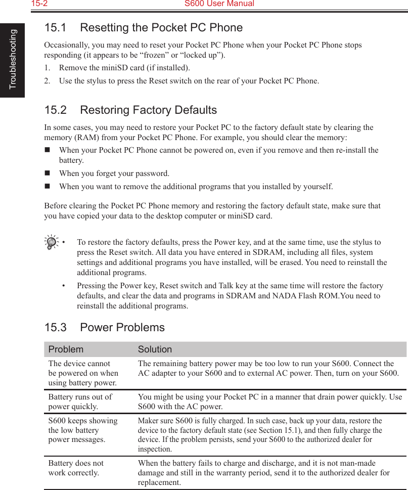 15-2  S600 User Manual Troubleshooting15.1  Resetting the Pocket PC PhoneOccasionally, you may need to reset your Pocket PC Phone when your Pocket PC Phone stops responding (it appears to be “frozen” or “locked up”).1.  Remove the miniSD card (if installed).2.  Use the stylus to press the Reset switch on the rear of your Pocket PC Phone.15.2  Restoring Factory DefaultsIn some cases, you may need to restore your Pocket PC to the factory default state by clearing the memory (RAM) from your Pocket PC Phone. For example, you should clear the memory:  When your Pocket PC Phone cannot be powered on, even if you remove and then re-install the battery.  When you forget your password.  When you want to remove the additional programs that you installed by yourself.Before clearing the Pocket PC Phone memory and restoring the factory default state, make sure that you have copied your data to the desktop computer or miniSD card.•  To restore the factory defaults, press the Power key, and at the same time, use the stylus to press the Reset switch. All data you have entered in SDRAM, including all ﬁles, system settings and additional programs you have installed, will be erased. You need to reinstall the additional programs.•  Pressing the Power key, Reset switch and Talk key at the same time will restore the factory defaults, and clear the data and programs in SDRAM and NADA Flash ROM.You need to reinstall the additional programs.15.3  Power ProblemsProblem SolutionThe device cannot be powered on when using battery power.The remaining battery power may be too low to run your S600. Connect the AC adapter to your S600 and to external AC power. Then, turn on your S600.Battery runs out of power quickly.You might be using your Pocket PC in a manner that drain power quickly. Use S600 with the AC power.S600 keeps showing the low battery power messages.Maker sure S600 is fully charged. In such case, back up your data, restore the device to the factory default state (see Section 15.1), and then fully charge the device. If the problem persists, send your S600 to the authorized dealer for inspection.Battery does not work correctly.When the battery fails to charge and discharge, and it is not man-made damage and still in the warranty period, send it to the authorized dealer for replacement.