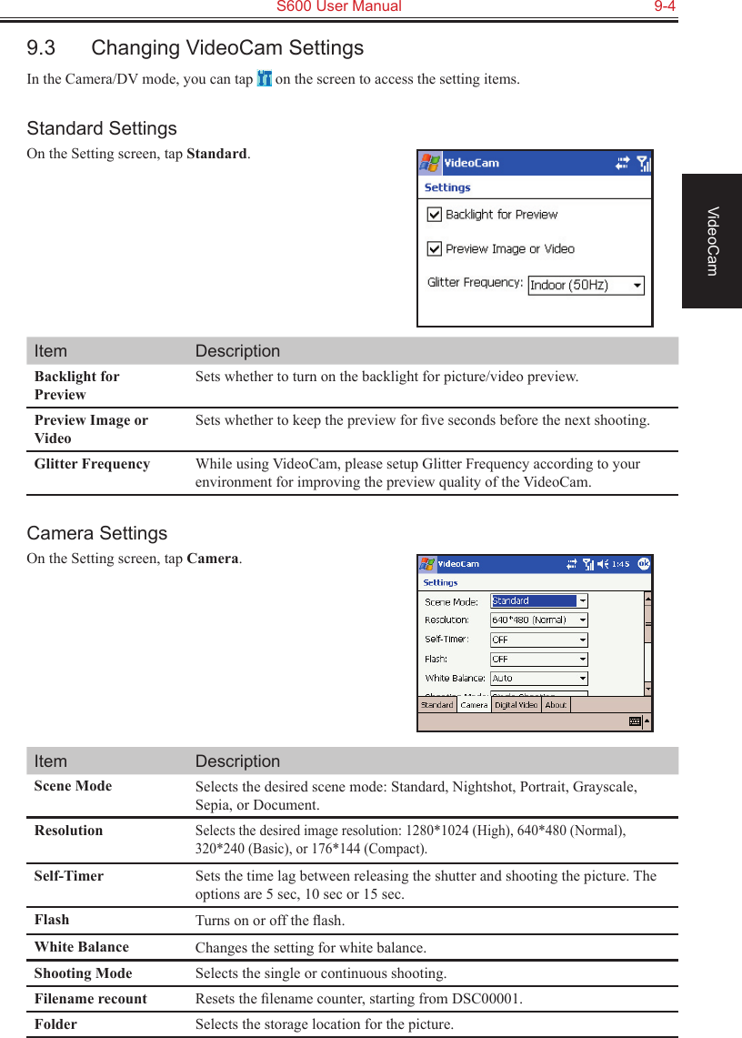   S600 User Manual  9-4VideoCam9.3  Changing VideoCam SettingsIn the Camera/DV mode, you can tap   on the screen to access the setting items.Standard SettingsOn the Setting screen, tap Standard.Item DescriptionBacklight for PreviewSets whether to turn on the backlight for picture/video preview.Preview Image or VideoSets whether to keep the preview for ﬁve seconds before the next shooting.Glitter Frequency While using VideoCam, please setup Glitter Frequency according to your environment for improving the preview quality of the VideoCam.Camera SettingsOn the Setting screen, tap Camera.Item DescriptionScene Mode Selects the desired scene mode: Standard, Nightshot, Portrait, Grayscale, Sepia, or Document.ResolutionSelects the desired image resolution: 1280*1024 (High), 640*480 (Normal), 320*240 (Basic), or 176*144 (Compact).Self-Timer Sets the time lag between releasing the shutter and shooting the picture. The options are 5 sec, 10 sec or 15 sec.Flash Turns on or off the ﬂash.White Balance Changes the setting for white balance.Shooting Mode Selects the single or continuous shooting.Filename recount Resets the ﬁlename counter, starting from DSC00001.Folder Selects the storage location for the picture.