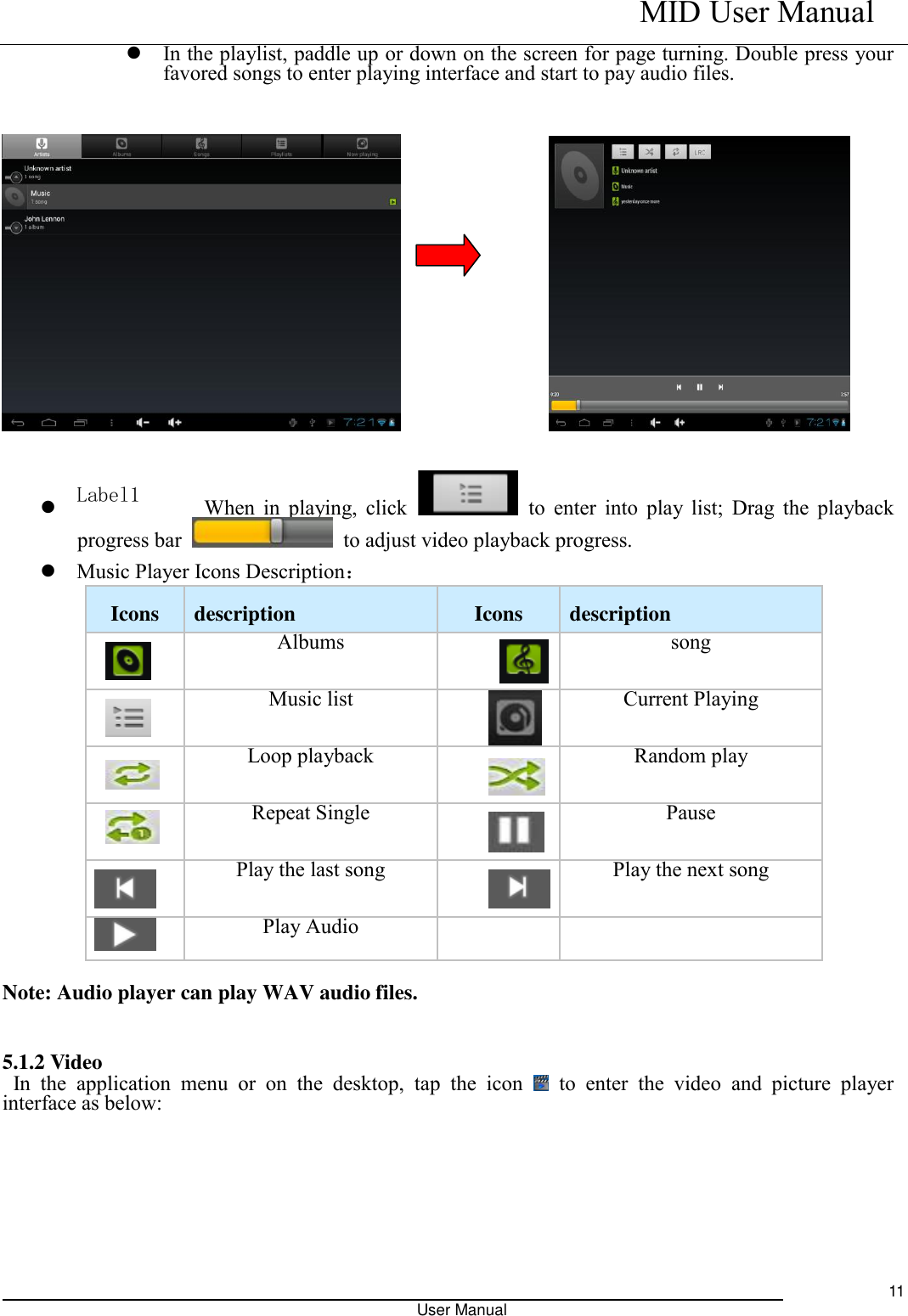    MID User Manual                                                                                                            User Manual     11  In the playlist, paddle up or down on the screen for page turning. Double press your favored songs to enter playing interface and start to pay audio files.                        Label1When in  playing, click    to enter into  play list;  Drag the playback progress bar    to adjust video playback progress.  Music Player Icons Description：   Icons   description Icons   description    Albums        song    Music list       Current Playing    Loop playback  Random play  Repeat Single  Pause  Play the last song  Play the next song  Play Audio   Note: Audio player can play WAV audio files.           5.1.2 Video   In  the  application  menu  or  on  the  desktop,  tap  the  icon    to  enter  the  video  and  picture  player interface as below:    