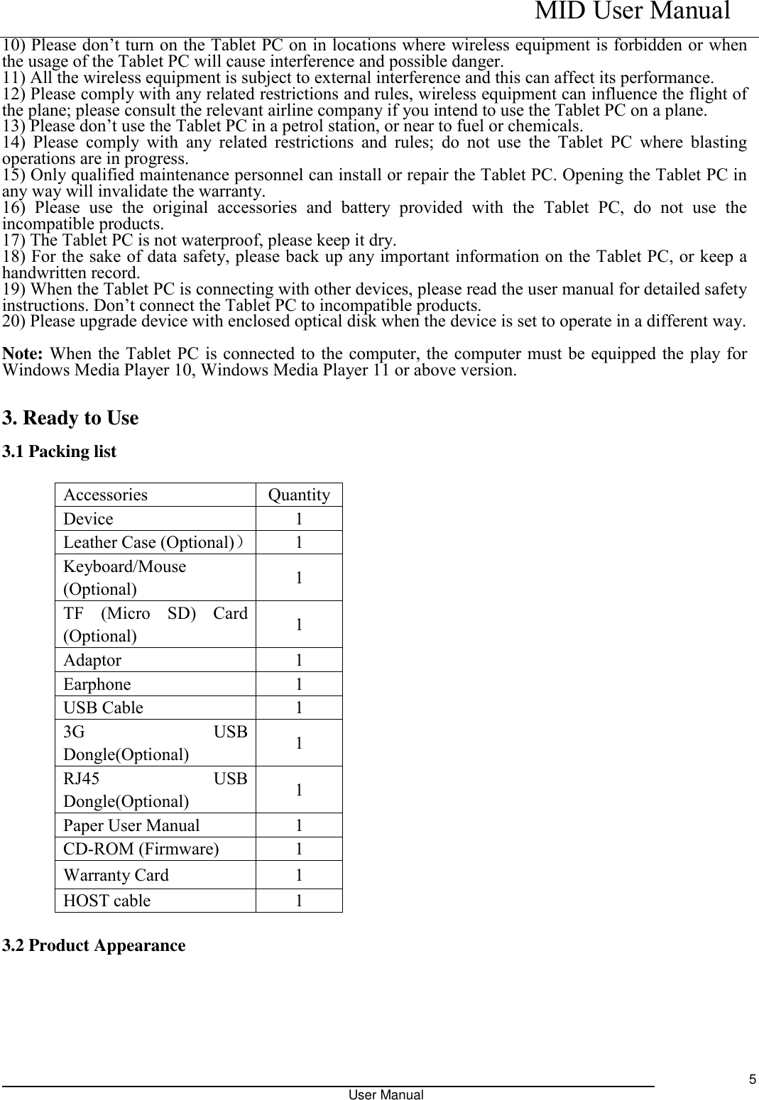    MID User Manual                                                                                                            User Manual     5 10) Please don’t turn on the Tablet PC on in locations where wireless equipment is forbidden or when the usage of the Tablet PC will cause interference and possible danger.   11) All the wireless equipment is subject to external interference and this can affect its performance.   12) Please comply with any related restrictions and rules, wireless equipment can influence the flight of the plane; please consult the relevant airline company if you intend to use the Tablet PC on a plane.   13) Please don’t use the Tablet PC in a petrol station, or near to fuel or chemicals.   14)  Please  comply  with  any  related  restrictions  and  rules;  do  not  use  the  Tablet  PC  where  blasting operations are in progress.   15) Only qualified maintenance personnel can install or repair the Tablet PC. Opening the Tablet PC in any way will invalidate the warranty.   16)  Please  use  the  original  accessories  and  battery  provided  with  the  Tablet  PC,  do  not  use  the incompatible products.   17) The Tablet PC is not waterproof, please keep it dry.   18) For the sake of data safety, please back up any important information on the Tablet PC, or keep a handwritten record.   19) When the Tablet PC is connecting with other devices, please read the user manual for detailed safety instructions. Don’t connect the Tablet PC to incompatible products.   20) Please upgrade device with enclosed optical disk when the device is set to operate in a different way.  Note: When the Tablet PC is connected to the computer, the computer must be equipped the play for Windows Media Player 10, Windows Media Player 11 or above version.     3. Ready to Use  3.1 Packing list                           3.2 Product Appearance Accessories Quantity   Device 1 Leather Case (Optional)） 1 Keyboard/Mouse (Optional) 1 TF  (Micro  SD)  Card (Optional) 1   Adaptor 1 Earphone 1 USB Cable 1 3G  USB Dongle(Optional) 1 RJ45    USB Dongle(Optional) 1 Paper User Manual 1 CD-ROM (Firmware) 1 Warranty Card   1 HOST cable 1 