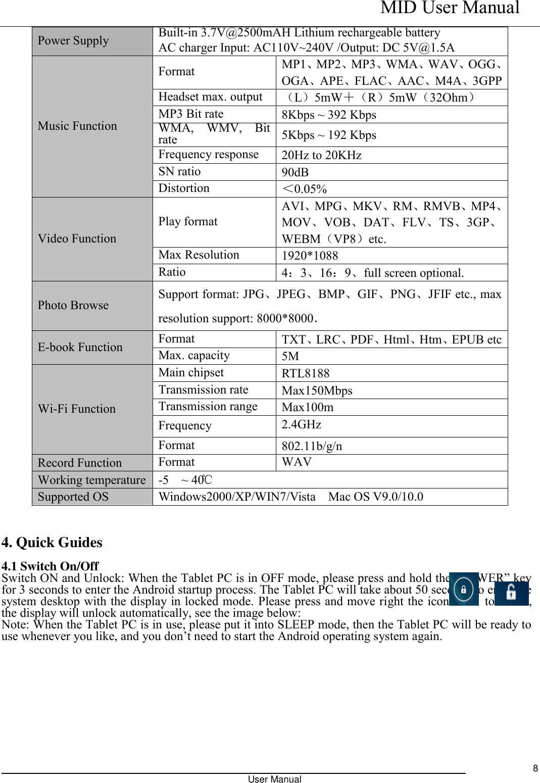    MID User Manual                                                                                                            User Manual     8 Power Supply Built-in 3.7V@2500mAH Lithium rechargeable battery   AC charger Input: AC110V~240V /Output: DC 5V@1.5A Music Function   Format MP1、MP2、MP3、WMA、WAV、OGG、OGA、APE、FLAC、AAC、M4A、3GPP Headset max. output （L）5mW＋（R）5mW（32Ohm） MP3 Bit rate 8Kbps ~ 392 Kbps WMA,  WMV,  Bit rate   5Kbps ~ 192 Kbps Frequency response 20Hz to 20KHz SN ratio 90dB Distortion ＜0.05% Video Function   Play format AVI、MPG、MKV、RM、RMVB、MP4、MOV、VOB、DAT、FLV、TS、3GP、WEBM（VP8）etc. Max Resolution   1920*1088 Ratio 4：3、16：9、full screen optional. Photo Browse Support format: JPG、JPEG、BMP、GIF、PNG、JFIF etc., max resolution support: 8000*8000．   E-book Function Format   TXT、LRC、PDF、Html、Htm、EPUB etc Max. capacity 5M Wi-Fi Function Main chipset RTL8188 Transmission rate Max150Mbps Transmission range Max100m Frequency 2.4GHz Format 802.11b/g/n Record Function Format   WAV   Working temperature -5    ~ 40 ℃ Supported OS Windows2000/XP/WIN7/Vista    Mac OS V9.0/10.0   4. Quick Guides  4.1 Switch On/Off Switch ON and Unlock: When the Tablet PC is in OFF mode, please press and hold the “POWER” key for 3 seconds to enter the Android startup process. The Tablet PC will take about 50 seconds to enter the system desktop with the display in locked mode. Please press and move right the icon   to , the display will unlock automatically, see the image below: Note: When the Tablet PC is in use, please put it into SLEEP mode, then the Tablet PC will be ready to use whenever you like, and you don’t need to start the Android operating system again.     