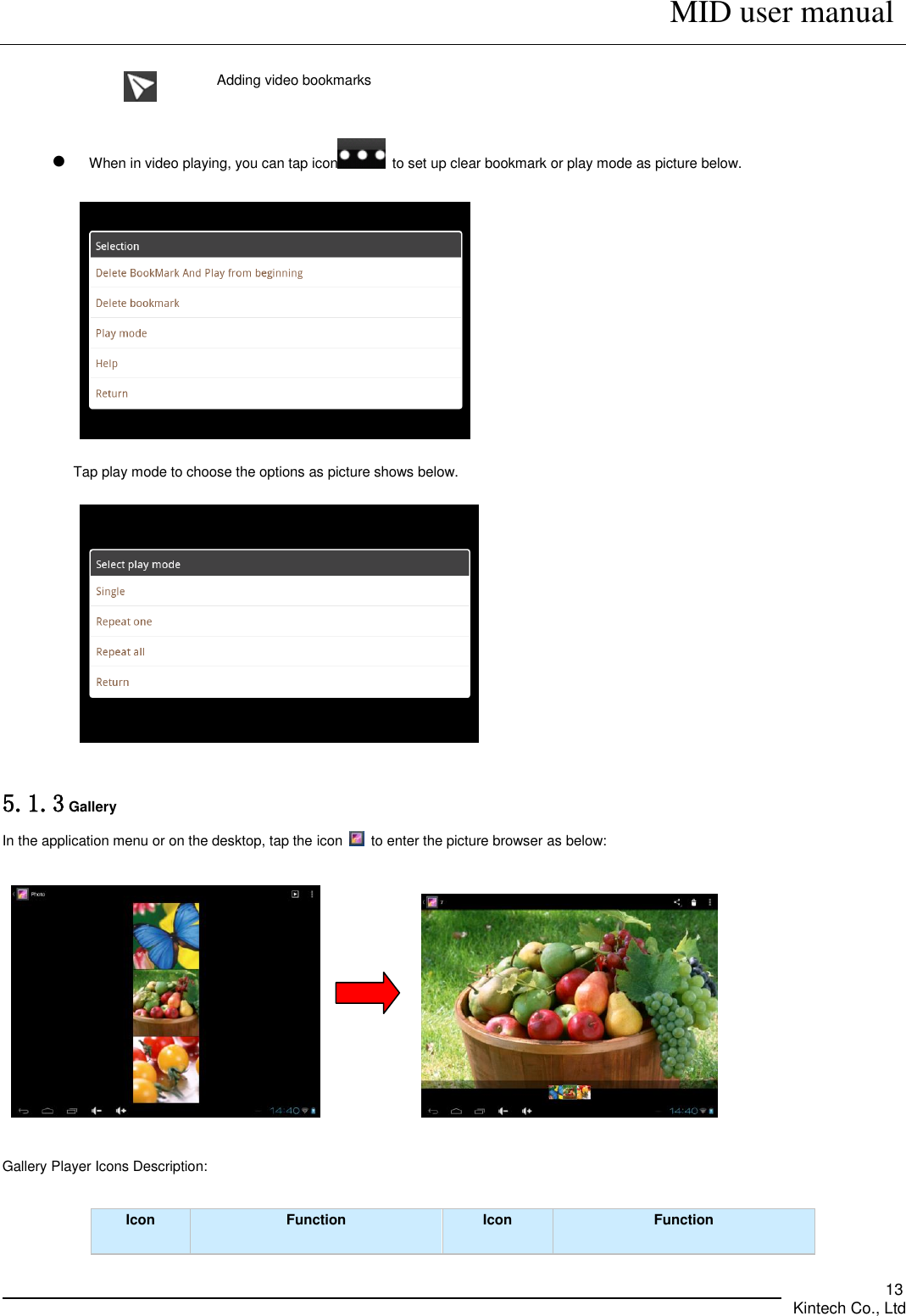      MID user manual       Kintech Co., Ltd   13  Adding video bookmarks  When in video playing, you can tap icon   to set up clear bookmark or play mode as picture below.    Tap play mode to choose the options as picture shows below.   5.1.3 Gallery In the application menu or on the desktop, tap the icon    to enter the picture browser as below:                    Gallery Player Icons Description:  Icon Function Icon Function 