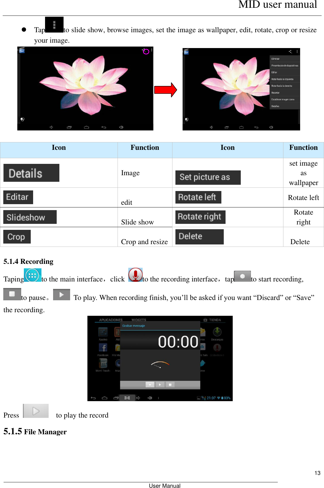      MID user manual                                                         User Manual     13  Tap to slide show, browse images, set the image as wallpaper, edit, rotate, crop or resize your image.                          Icon Function Icon Function  Image   set image as wallpaper  edit  Rotate left  Slide show  Rotate right  Crop and resize    Delete    5.1.4 Recording Taping to the main interface，click  to the recording interface，tap to start recording, to pause。 To play. When recording finish, you’ll be asked if you want “Discard” or “Save” the recording.  Press    to play the record   5.1.5 File Manager 