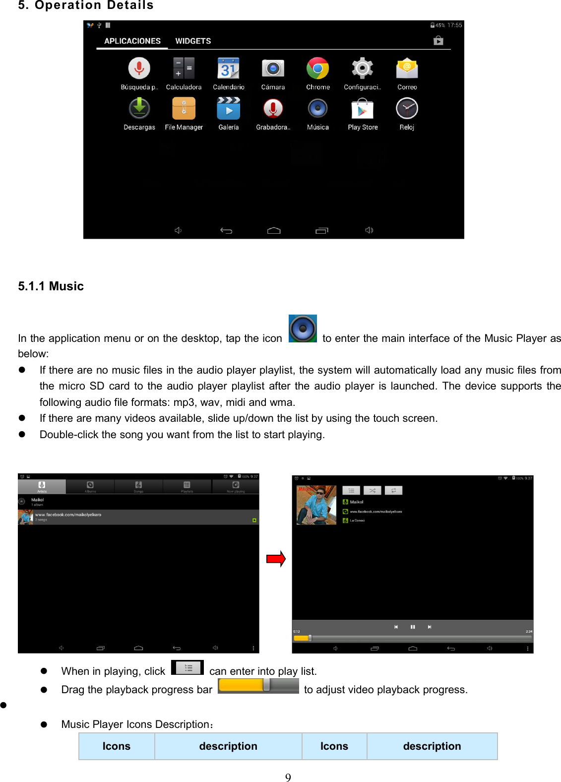 95. Operation Details5.1.1 MusicIn the application menu or on the desktop, tap the icon to enter the main interface of the Music Player asbelow:If there are no music files in the audio player playlist, the system will automatically load any music files fromthe micro SD card to the audio player playlist after the audio player is launched. The device supports thefollowing audio file formats: mp3, wav, midi and wma.If there are many videos available, slide up/down the list by using the touch screen.Double-click the song you want from the list to start playing.When in playing, clickcan enter into play list.Drag the playback progress bar to adjust video playback progress.Music Player Icons Description：Icons description Icons description