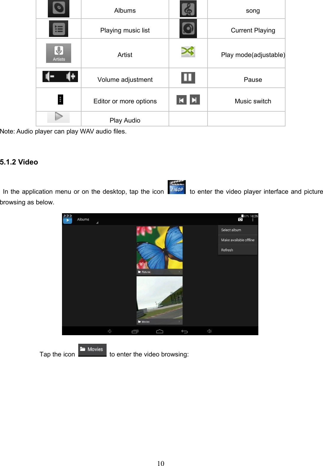 10Albums songPlaying music list Current PlayingArtist Play mode(adjustable)Volume adjustment PauseEditor or more options Music switchPlay AudioNote: Audio player can play WAV audio files.5.1.2 VideoIn the application menu or on the desktop, tap the icon to enter the video player interface and picturebrowsing as below.Tap the icon to enter the video browsing: