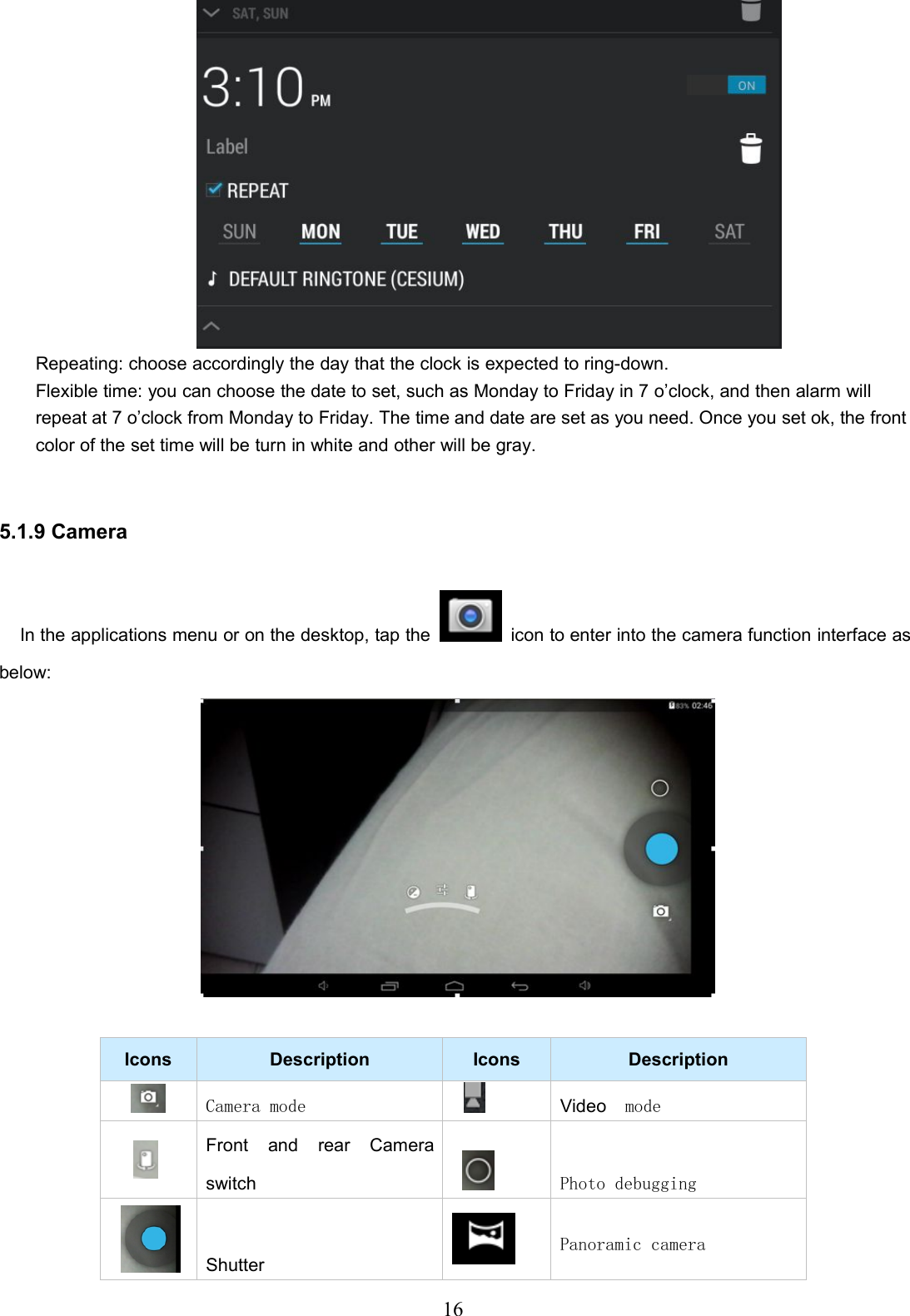 16Repeating: choose accordingly the day that the clock is expected to ring-down.Flexible time: you can choose the date to set, such as Monday to Friday in 7 o’clock, and then alarm willrepeat at 7 o’clock from Monday to Friday. The time and date are set as you need. Once you set ok, the frontcolor of the set time will be turn in white and other will be gray.5.1.9 CameraIn the applications menu or on the desktop, tap the icon to enter into the camera function interface asbelow:Icons Description Icons DescriptionCamera mode Video modeFront and rear Cameraswitch Photo debuggingShutterPanoramic camera