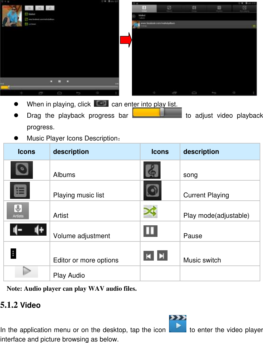                              When in playing, click    can enter into play list.   Drag  the  playback  progress  bar    to  adjust  video  playback progress.   Music Player Icons Description： Icons   description Icons   description    Albums  song   Playing music list  Current Playing  Artist  Play mode(adjustable)  Volume adjustment  Pause  Editor or more options           Music switch  Play Audio   Note: Audio player can play WAV audio files. 5.1.2 Video In the application menu or on the desktop, tap the icon    to enter the video player interface and picture browsing as below.               