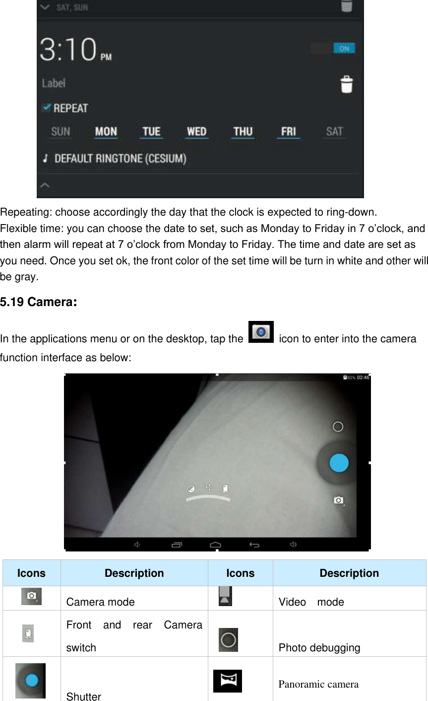  Repeating: choose accordingly the day that the clock is expected to ring-down.   Flexible time: you can choose the date to set, such as Monday to Friday in 7 o’clock, and then alarm will repeat at 7 o’clock from Monday to Friday. The time and date are set as you need. Once you set ok, the front color of the set time will be turn in white and other will be gray.   5.19 Camera: In the applications menu or on the desktop, tap the   icon to enter into the camera function interface as below:  Icons Description Icons Description  Camera mode  Video  mode   Front  and  rear  Camera switch    Photo debugging   Shutter    Panoramic camera 
