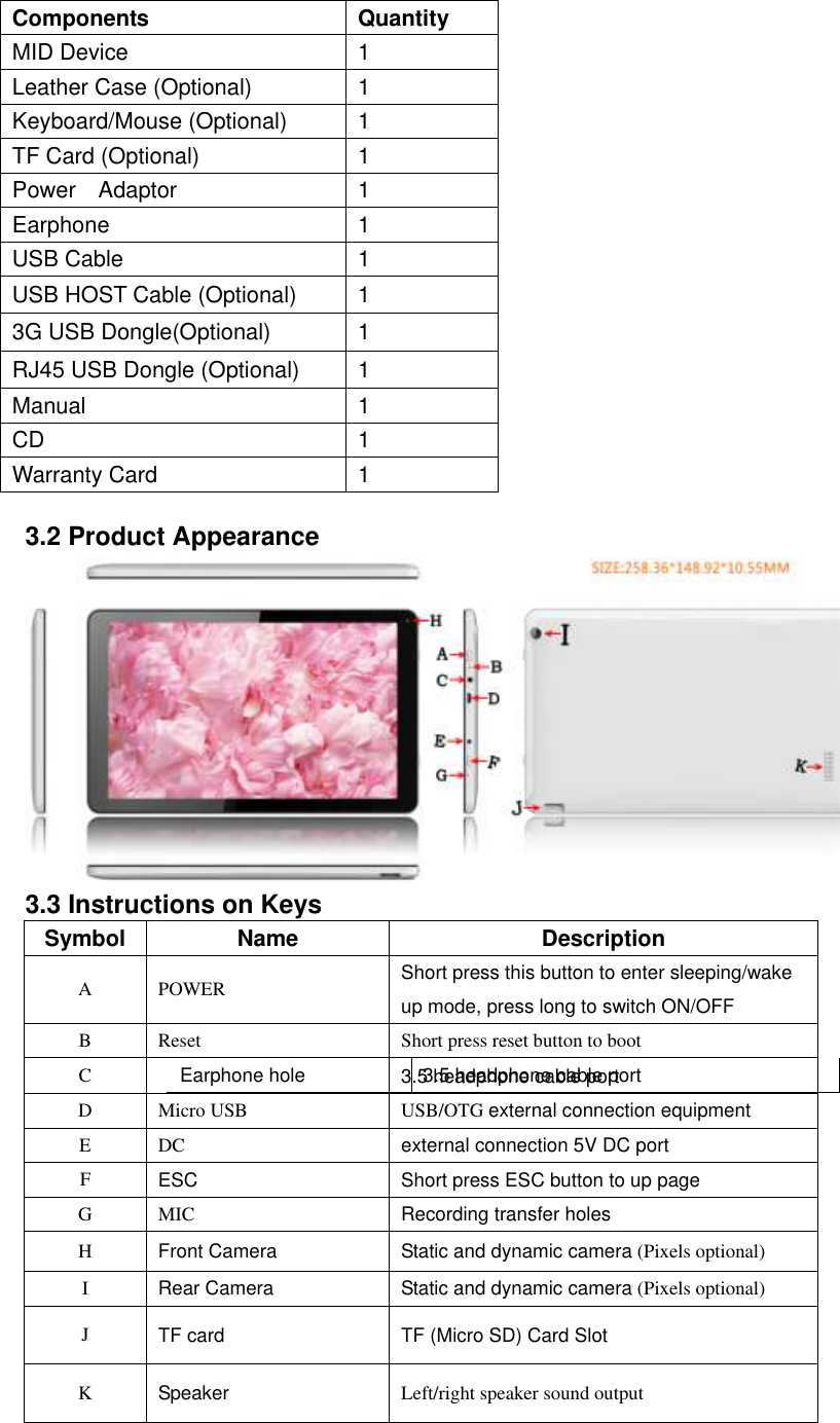                     3.2 Product Appearance  3.3 Instructions on Keys Symbol Name Description A POWER Short press this button to enter sleeping/wake up mode, press long to switch ON/OFF B Reset Short press reset button to boot C Earphone hole 3.5 headphone cable port  3.5 headphone cable port D Micro USB USB/OTG external connection equipment E DC external connection 5V DC port F ESC   Short press ESC button to up page G MIC Recording transfer holes H Front Camera Static and dynamic camera (Pixels optional) I Rear Camera Static and dynamic camera (Pixels optional) J TF card TF (Micro SD) Card Slot K Speaker Left/right speaker sound output Components Quantity MID Device 1 Leather Case (Optional) 1 Keyboard/Mouse (Optional) 1 TF Card (Optional) 1 Power    Adaptor 1 Earphone 1 USB Cable 1 USB HOST Cable (Optional) 1 3G USB Dongle(Optional) 1 RJ45 USB Dongle (Optional) 1 Manual 1 CD 1 Warranty Card     1 