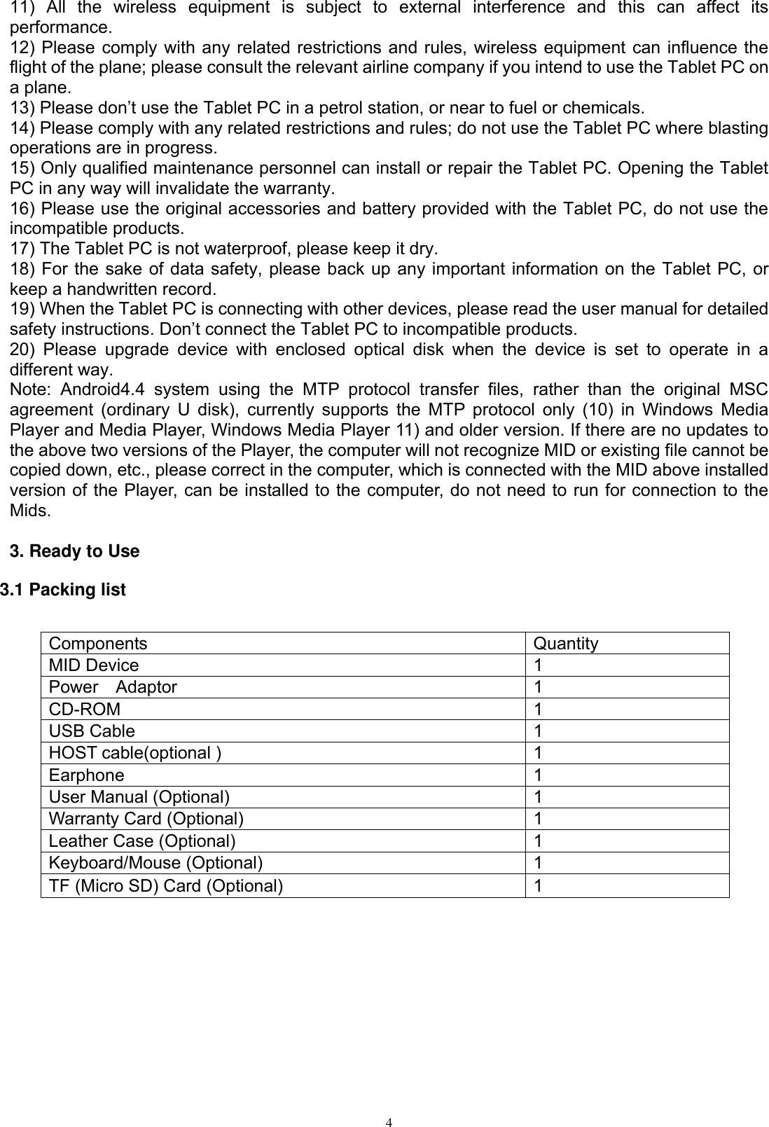      4 11)  All  the  wireless  equipment  is  subject  to  external  interference  and  this  can  affect  its performance.   12) Please comply with any related restrictions and rules, wireless equipment can influence the flight of the plane; please consult the relevant airline company if you intend to use the Tablet PC on a plane.   13) Please don’t use the Tablet PC in a petrol station, or near to fuel or chemicals.   14) Please comply with any related restrictions and rules; do not use the Tablet PC where blasting operations are in progress.   15) Only qualified maintenance personnel can install or repair the Tablet PC. Opening the Tablet PC in any way will invalidate the warranty.   16) Please use the original accessories and battery provided with the Tablet PC, do not use the incompatible products.   17) The Tablet PC is not waterproof, please keep it dry.   18) For the sake of data safety, please back up any important information on the Tablet PC, or keep a handwritten record.   19) When the Tablet PC is connecting with other devices, please read the user manual for detailed safety instructions. Don’t connect the Tablet PC to incompatible products.   20)  Please  upgrade  device  with  enclosed  optical  disk  when  the  device  is  set  to  operate  in  a different way. Note:  Android4.4  system  using  the  MTP  protocol  transfer  files,  rather  than  the  original  MSC agreement (ordinary U  disk), currently supports the  MTP protocol only (10)  in Windows  Media Player and Media Player, Windows Media Player 11) and older version. If there are no updates to the above two versions of the Player, the computer will not recognize MID or existing file cannot be copied down, etc., please correct in the computer, which is connected with the MID above installed version of the Player, can be installed to the computer, do not need to run for connection to the Mids.  3. Ready to Use 3.1 Packing list  Components Quantity MID Device 1 Power    Adaptor 1 CD-ROM 1 USB Cable 1 HOST cable(optional ) 1 Earphone 1 User Manual (Optional) 1 Warranty Card (Optional) 1 Leather Case (Optional) 1 Keyboard/Mouse (Optional) 1 TF (Micro SD) Card (Optional) 1 