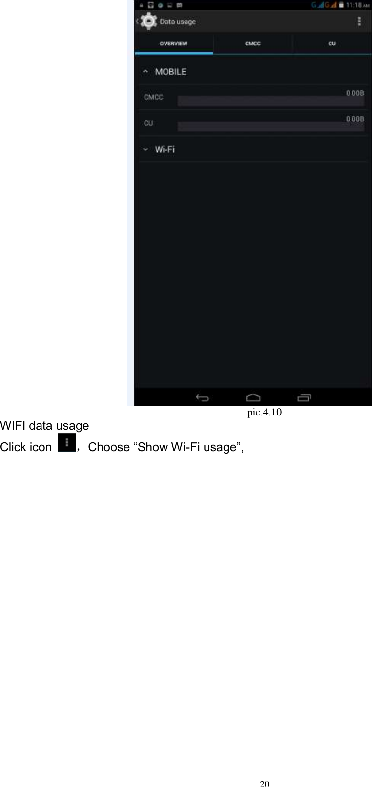      20  pic.4.10 WIFI data usage Click icon  ，Choose “Show Wi-Fi usage”, 