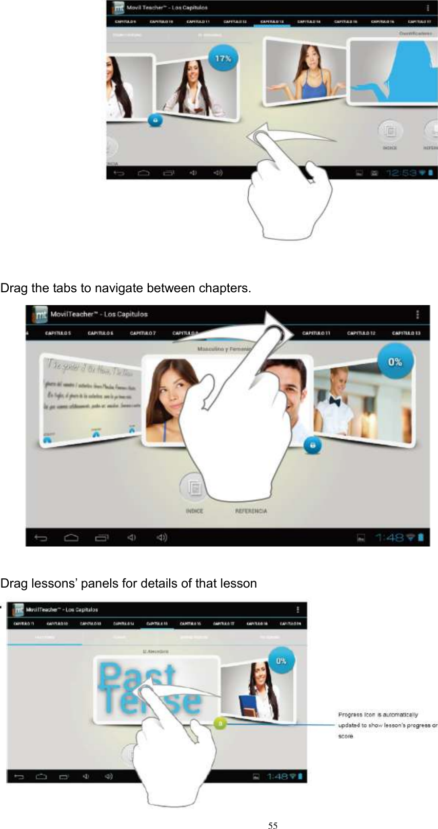      55                    Drag the tabs to navigate between chapters.                    Drag lessons’ panels for details of that lesson  