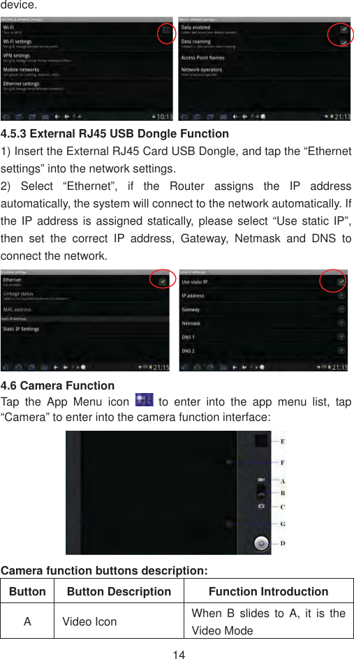 14device.4.5.3 External RJ45 USB Dongle Function   1) Insert the External RJ45 Card USB Dongle, and tap the “Ethernet settings” into the network settings.   2) Select “Ethernet”, if the Router assigns the IP address automatically, the system will connect to the network automatically. If the IP address is assigned statically, please select “Use static IP”, then set the correct IP address, Gateway, Netmask and DNS to connect the network.   4.6 Camera Function Tap the App Menu icon   to enter into the app menu list, tap “Camera” to enter into the camera function interface: Camera function buttons description: Button Button Description Function Introduction A Video Icon  When B slides to A, it is the Video Mode   