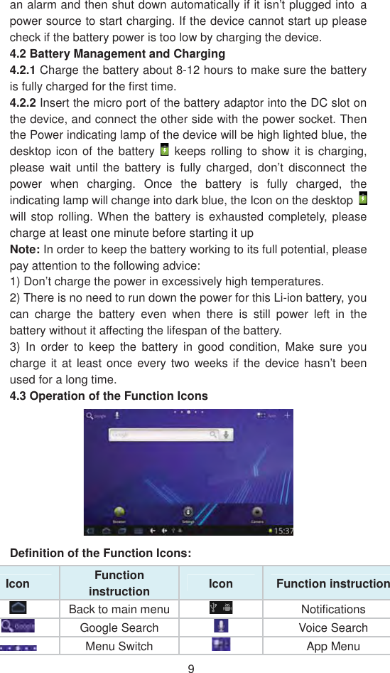 9an alarm and then shut down automatically if it isn’t plugged into˱apower source to start charging. If the device cannot start up please check if the battery power is too low by charging the device. 4.2 Battery Management and Charging 4.2.1 Charge the battery about 8-12 hours to make sure the battery is fully charged for the first time. 4.2.2 Insert the micro port of the battery adaptor into the DC slot on the device, and connect the other side with the power socket. Then the Power indicating lamp of the device will be high lighted blue, the desktop icon of the battery   keeps rolling to show it is charging, please wait until the battery is fully charged, don’t disconnect the power when charging. Once the battery is fully charged, the indicating lamp will change into dark blue, the Icon on the desktop will stop rolling. When the battery is exhausted completely, please charge at least one minute before starting it up Note: In order to keep the battery working to its full potential, please pay attention to the following advice:   1) Don’t charge the power in excessively high temperatures.   2) There is no need to run down the power for this Li-ion battery, you can charge the battery even when there is still power left in the battery without it affecting the lifespan of the battery.   3) In order to keep the battery in good condition, Make sure you charge it at least once every two weeks if the device hasn’t been used for a long time.   4.3 Operation of the Function Icons   Definition of the Function Icons: Icon Function instruction  Icon Function instruction Back to main menu  Notifications Google Search  Voice Search Menu Switch  App Menu 