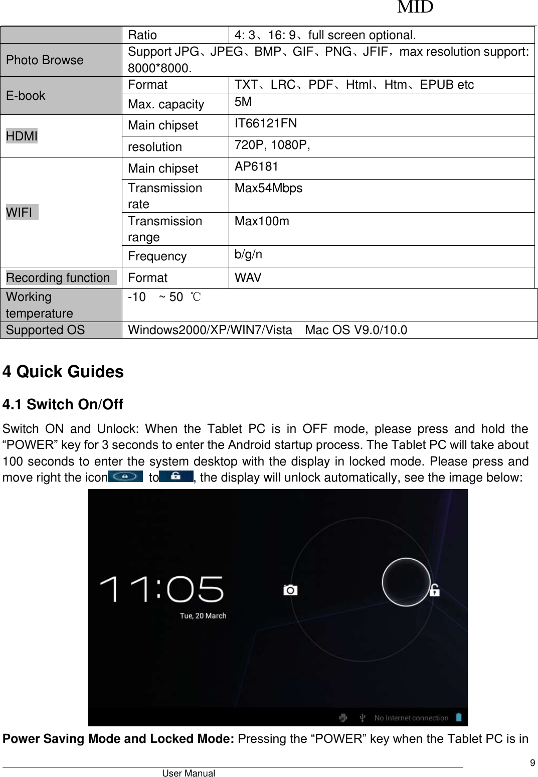      MID                                        User Manual     9 Ratio 4: 3、16: 9、full screen optional. Photo Browse Support JPG、JPEG、BMP、GIF、PNG、JFIF，max resolution support: 8000*8000.   E-book Format   TXT、LRC、PDF、Html、Htm、EPUB etc Max. capacity 5M HDMI Main chipset IT66121FN resolution 720P, 1080P, WIFI   Main chipset AP6181 Transmission rate Max54Mbps Transmission range Max100m Frequency b/g/n Recording function   Format   WAV   Working temperature -10  ~ 50  ℃ Supported OS Windows2000/XP/WIN7/Vista    Mac OS V9.0/10.0  4 Quick Guides 4.1 Switch On/Off Switch  ON  and  Unlock:  When  the  Tablet  PC  is  in  OFF  mode,  please  press  and  hold  the “POWER” key for 3 seconds to enter the Android startup process. The Tablet PC will take about 100 seconds to enter the system desktop with the display in locked mode. Please press and move right the icon   to , the display will unlock automatically, see the image below:  Power Saving Mode and Locked Mode: Pressing the “POWER” key when the Tablet PC is in 