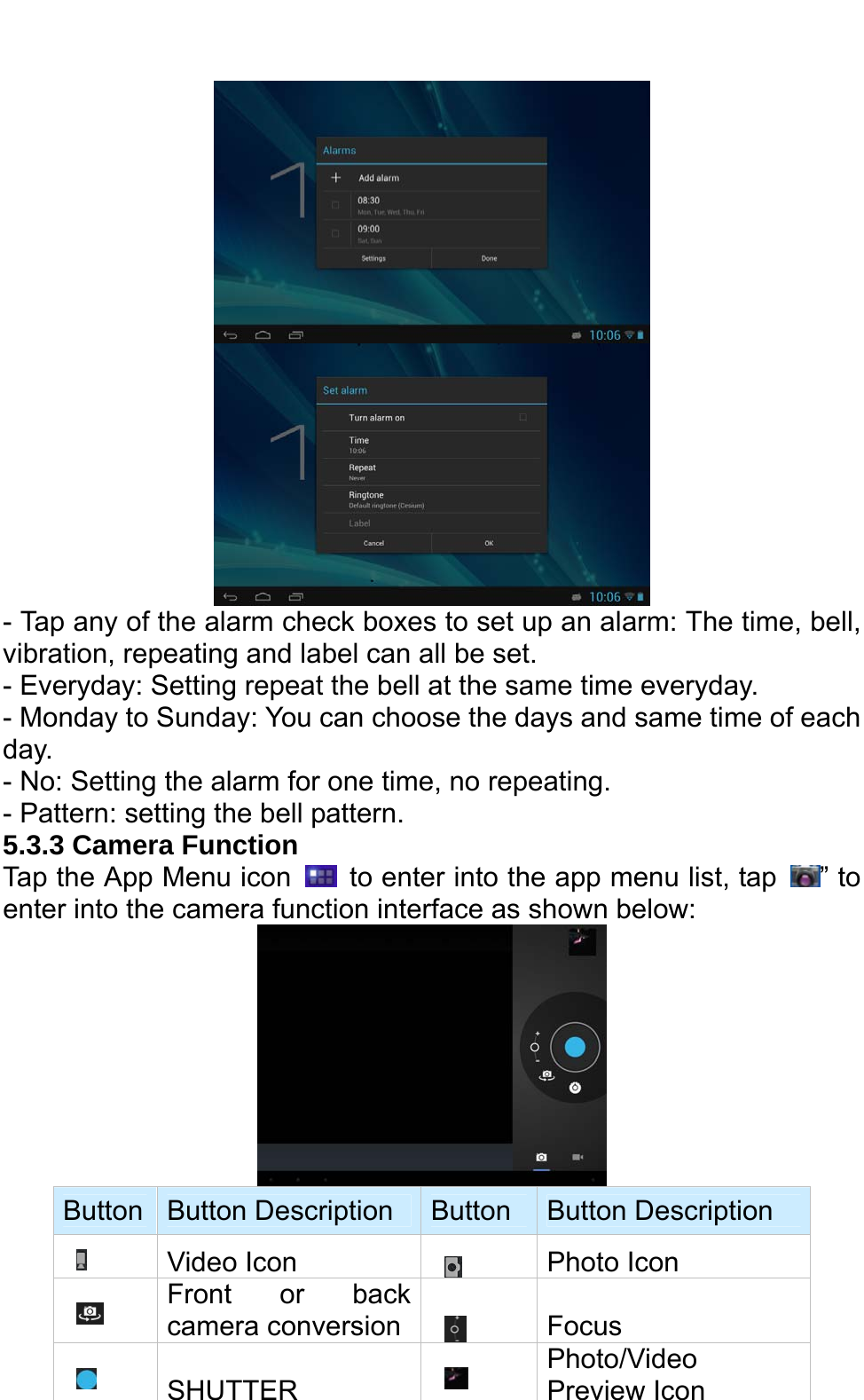     - Tap any of the alarm check boxes to set up an alarm: The time, bell, vibration, repeating and label can all be set.   - Everyday: Setting repeat the bell at the same time everyday.   - Monday to Sunday: You can choose the days and same time of each day.  - No: Setting the alarm for one time, no repeating.   - Pattern: setting the bell pattern.   5.3.3 Camera Function Tap the App Menu icon    to enter into the app menu list, tap  ” to enter into the camera function interface as shown below:      Button  Button Description  Button  Button Description  Video Icon   Photo Icon     Front or back camera conversion      Focus     SHUTTER      Photo/Video Preview Icon 