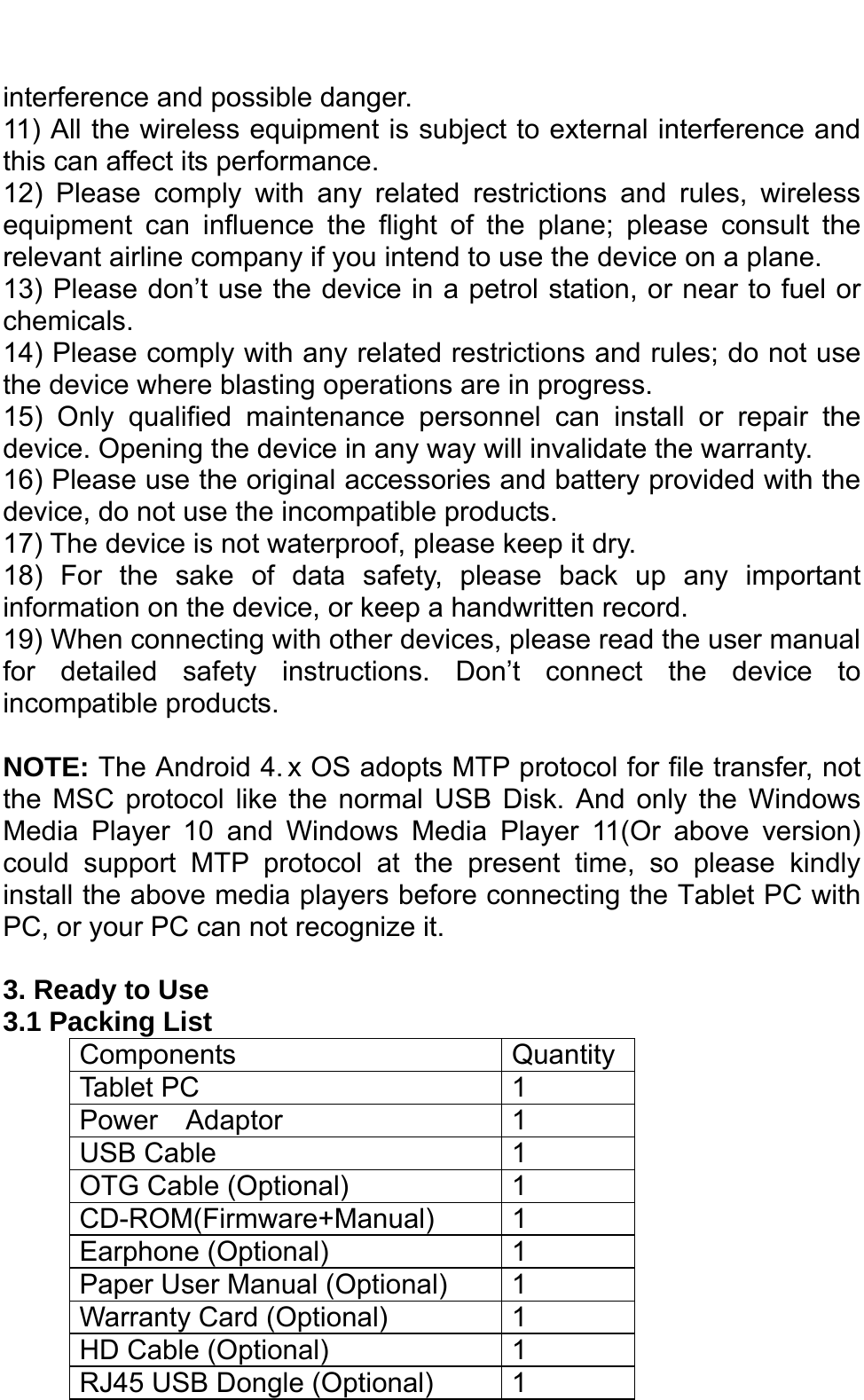   interference and possible danger.   11) All the wireless equipment is subject to external interference and this can affect its performance.   12) Please comply with any related restrictions and rules, wireless equipment can influence the flight of the plane; please consult the relevant airline company if you intend to use the device on a plane.   13) Please don’t use the device in a petrol station, or near to fuel or chemicals.  14) Please comply with any related restrictions and rules; do not use the device where blasting operations are in progress.   15) Only qualified maintenance personnel can install or repair the device. Opening the device in any way will invalidate the warranty.   16) Please use the original accessories and battery provided with the device, do not use the incompatible products.   17) The device is not waterproof, please keep it dry.   18) For the sake of data safety, please back up any important information on the device, or keep a handwritten record.   19) When connecting with other devices, please read the user manual for detailed safety instructions. Don’t connect the device to incompatible products.  NOTE: The Android 4. x OS adopts MTP protocol for file transfer, not the MSC protocol like the normal USB Disk. And only the Windows Media Player 10 and Windows Media Player 11(Or above version) could support MTP protocol at the present time, so please kindly install the above media players before connecting the Tablet PC with PC, or your PC can not recognize it.  3. Ready to Use 3.1 Packing List   Components Quantity Tablet PC  1 Power  Adaptor  1 USB Cable  1 OTG Cable (Optional)  1 CD-ROM(Firmware+Manual)   1 Earphone (Optional)  1 Paper User Manual (Optional)  1 Warranty Card (Optional)  1 HD Cable (Optional)  1 RJ45 USB Dongle (Optional)  1 