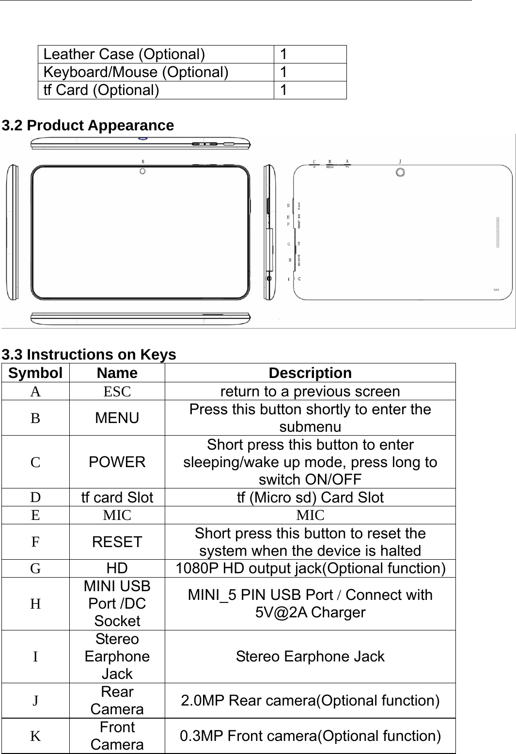   Leather Case (Optional)  1 Keyboard/Mouse (Optional)  1 tf Card (Optional)  1  3.2 Product Appearance     3.3 Instructions on Keys     Symbol Name  Description A ESC  return to a previous screen B  MENU  Press this button shortly to enter the submenu C  POWER Short press this button to enter sleeping/wake up mode, press long to switch ON/OFF D  tf card Slot  tf (Micro sd) Card Slot E MIC  MIC F  RESET  Short press this button to reset the system when the device is halted G  HD  1080P HD output jack(Optional function) H  MINI USB Port /DC Socket MINI_5 PIN USB Port / Connect with 5V@2A Charger I  Stereo Earphone Jack Stereo Earphone Jack J  Rear Camera  2.0MP Rear camera(Optional function) K  Front Camera  0.3MP Front camera(Optional function)  