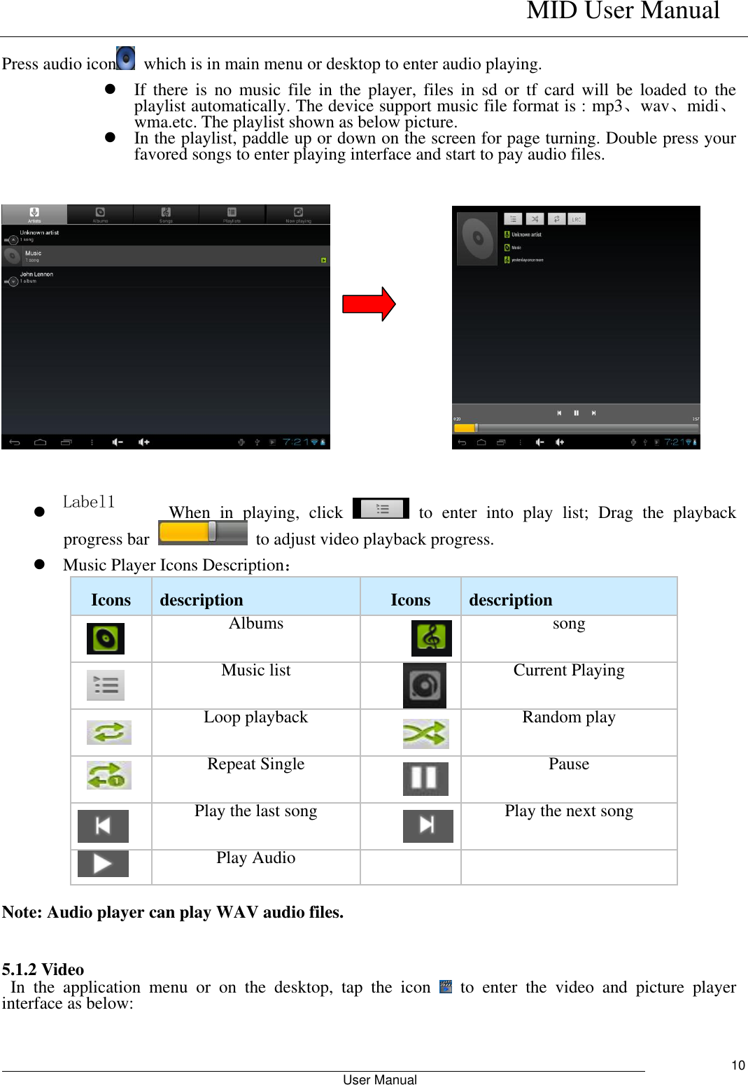    MID User Manual                                                        User Manual     10 Press audio icon   which is in main menu or desktop to enter audio playing.  If  there  is  no  music  file  in  the  player,  files  in  sd  or  tf  card  will  be  loaded  to  the playlist automatically. The device support music file format is : mp3、wav、midi、wma.etc. The playlist shown as below picture.    In the playlist, paddle up or down on the screen for page turning. Double press your favored songs to enter playing interface and start to pay audio files.                        Label1When  in  playing,  click    to  enter  into  play  list;  Drag  the  playback progress bar    to adjust video playback progress.  Music Player Icons Description：   Icons   description Icons   description    Albums        song    Music list       Current Playing    Loop playback  Random play  Repeat Single  Pause  Play the last song  Play the next song  Play Audio   Note: Audio player can play WAV audio files.           5.1.2 Video   In  the  application  menu  or  on  the  desktop,  tap  the  icon    to  enter  the  video  and  picture  player interface as below:    