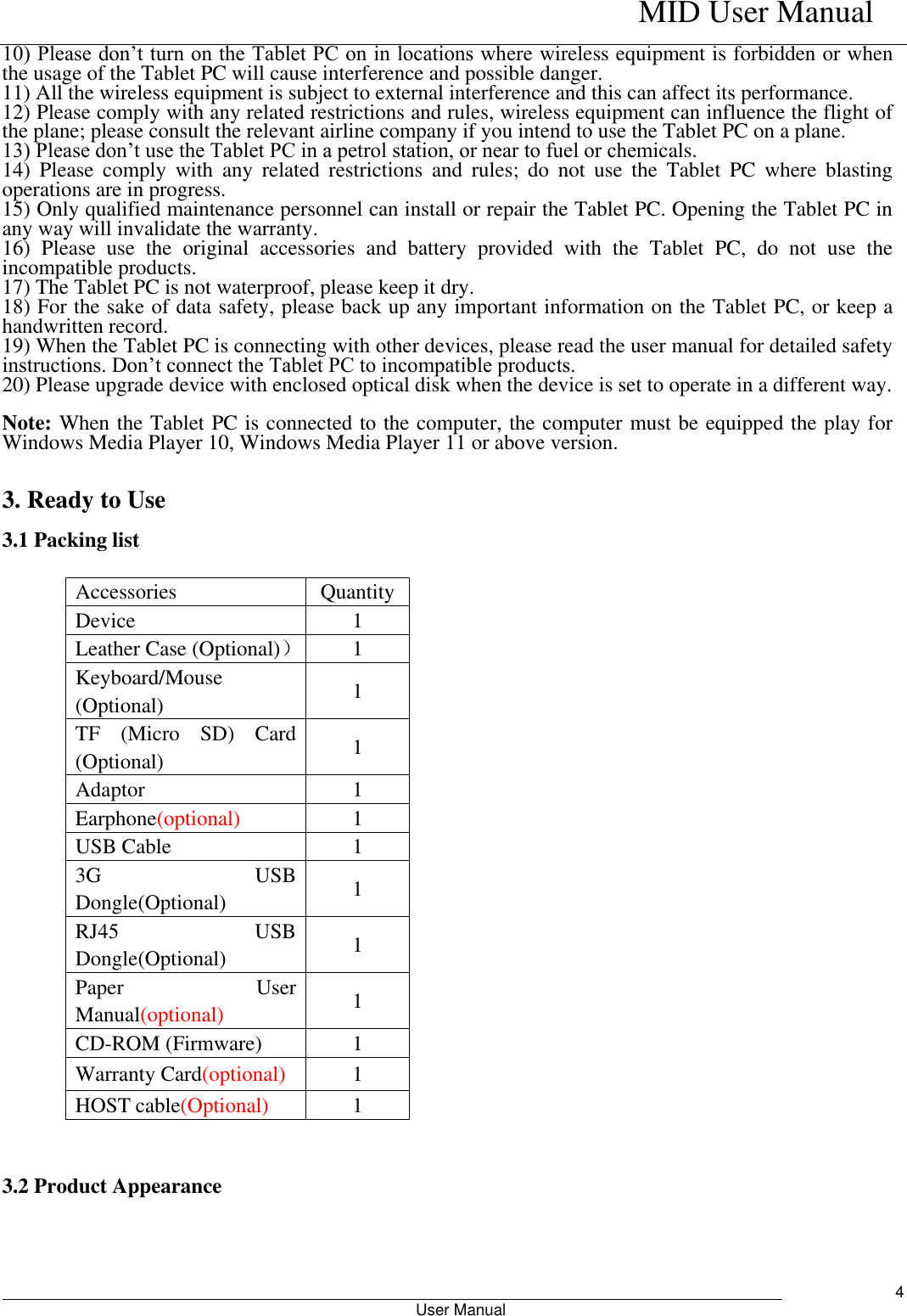    MID User Manual                                                        User Manual     4 10) Please don’t turn on the Tablet PC on in locations where wireless equipment is forbidden or when the usage of the Tablet PC will cause interference and possible danger.   11) All the wireless equipment is subject to external interference and this can affect its performance.   12) Please comply with any related restrictions and rules, wireless equipment can influence the flight of the plane; please consult the relevant airline company if you intend to use the Tablet PC on a plane.   13) Please don’t use the Tablet PC in a petrol station, or near to fuel or chemicals.   14)  Please  comply  with  any  related  restrictions  and  rules;  do  not  use  the  Tablet  PC  where  blasting operations are in progress.   15) Only qualified maintenance personnel can install or repair the Tablet PC. Opening the Tablet PC in any way will invalidate the warranty.   16)  Please  use  the  original  accessories  and  battery  provided  with  the  Tablet  PC,  do  not  use  the incompatible products.   17) The Tablet PC is not waterproof, please keep it dry.   18) For the sake of data safety, please back up any important information on the Tablet PC, or keep a handwritten record.   19) When the Tablet PC is connecting with other devices, please read the user manual for detailed safety instructions. Don’t connect the Tablet PC to incompatible products.   20) Please upgrade device with enclosed optical disk when the device is set to operate in a different way.  Note: When the Tablet PC is connected to the computer, the computer must be equipped the play for Windows Media Player 10, Windows Media Player 11 or above version.     3. Ready to Use  3.1 Packing list                             3.2 Product Appearance    Accessories Quantity   Device 1 Leather Case (Optional)） 1 Keyboard/Mouse (Optional) 1 TF  (Micro  SD)  Card (Optional) 1   Adaptor 1 Earphone(optional) 1 USB Cable 1 3G  USB Dongle(Optional) 1 RJ45    USB Dongle(Optional) 1 Paper  User Manual(optional) 1 CD-ROM (Firmware) 1 Warranty Card(optional) 1 HOST cable(Optional) 1 