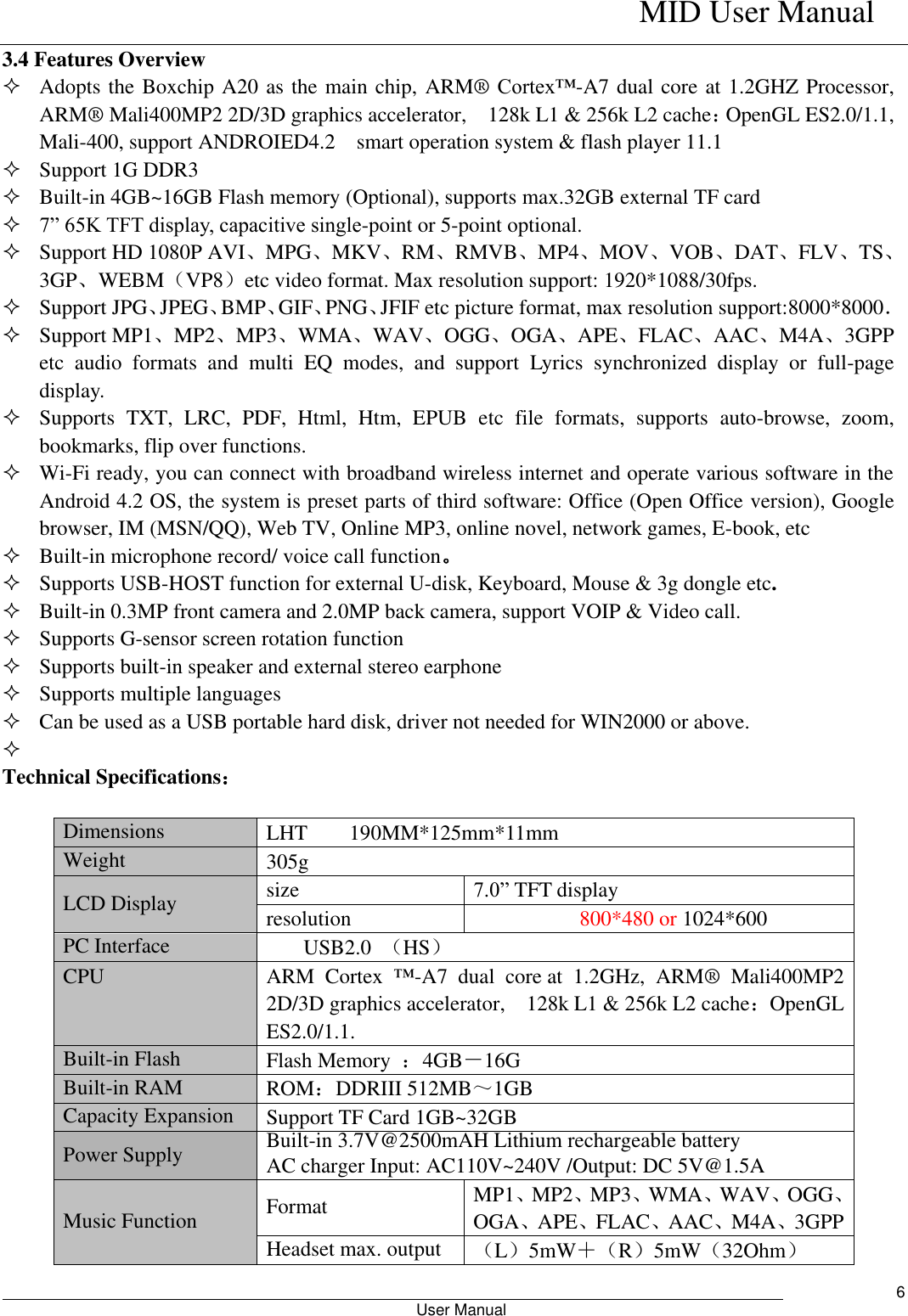    MID User Manual                                                        User Manual     6 3.4 Features Overview  Adopts the Boxchip A20 as the main chip, ARM®  Cortex™-A7 dual core at 1.2GHZ Processor, ARM® Mali400MP2 2D/3D graphics accelerator,    128k L1 &amp; 256k L2 cache：OpenGL ES2.0/1.1, Mali-400, support ANDROIED4.2 smart operation system &amp; flash player 11.1  Support 1G DDR3  Built-in 4GB~16GB Flash memory (Optional), supports max.32GB external TF card  7” 65K TFT display, capacitive single-point or 5-point optional.  Support HD 1080P AVI、MPG、MKV、RM、RMVB、MP4、MOV、VOB、DAT、FLV、TS、3GP、WEBM（VP8）etc video format. Max resolution support: 1920*1088/30fps.  Support JPG、JPEG、BMP、GIF、PNG、JFIF etc picture format, max resolution support:8000*8000．    Support MP1、MP2、MP3、WMA、WAV、OGG、OGA、APE、FLAC、AAC、M4A、3GPP etc  audio  formats  and  multi  EQ  modes,  and  support  Lyrics  synchronized  display  or  full-page display.  Supports  TXT,  LRC,  PDF,  Html,  Htm,  EPUB  etc  file  formats,  supports  auto-browse,  zoom, bookmarks, flip over functions.  Wi-Fi ready, you can connect with broadband wireless internet and operate various software in the Android 4.2 OS, the system is preset parts of third software: Office (Open Office version), Google browser, IM (MSN/QQ), Web TV, Online MP3, online novel, network games, E-book, etc  Built-in microphone record/ voice call function。  Supports USB-HOST function for external U-disk, Keyboard, Mouse &amp; 3g dongle etc.  Built-in 0.3MP front camera and 2.0MP back camera, support VOIP &amp; Video call.    Supports G-sensor screen rotation function  Supports built-in speaker and external stereo earphone  Supports multiple languages    Can be used as a USB portable hard disk, driver not needed for WIN2000 or above.   Technical Specifications：  Dimensions LHT        190MM*125mm*11mm Weight 305g LCD Display size 7.0” TFT display resolution 800*480 or 1024*600 PC Interface USB2.0  （HS） CPU ARM  Cortex  ™-A7  dual  core at  1.2GHz,  ARM®  Mali400MP2 2D/3D graphics accelerator,    128k L1 &amp; 256k L2 cache：OpenGL ES2.0/1.1. Built-in Flash Flash Memory  ：4GB－16G Built-in RAM ROM：DDRIII 512MB～1GB Capacity Expansion Support TF Card 1GB~32GB Power Supply Built-in 3.7V@2500mAH Lithium rechargeable battery   AC charger Input: AC110V~240V /Output: DC 5V@1.5A Music Function   Format MP1、MP2、MP3、WMA、WAV、OGG、OGA、APE、FLAC、AAC、M4A、3GPP Headset max. output （L）5mW＋（R）5mW（32Ohm） 