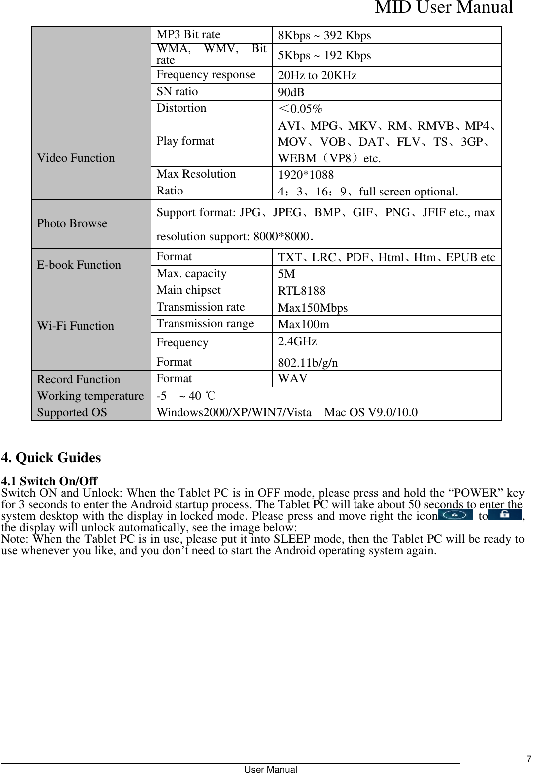    MID User Manual                                                        User Manual     7 MP3 Bit rate 8Kbps ~ 392 Kbps WMA,  WMV,  Bit rate   5Kbps ~ 192 Kbps Frequency response 20Hz to 20KHz SN ratio 90dB Distortion ＜0.05% Video Function   Play format AVI、MPG、MKV、RM、RMVB、MP4、MOV、VOB、DAT、FLV、TS、3GP、WEBM（VP8）etc. Max Resolution   1920*1088 Ratio 4：3、16：9、full screen optional. Photo Browse Support format: JPG、JPEG、BMP、GIF、PNG、JFIF etc., max resolution support: 8000*8000．   E-book Function Format   TXT、LRC、PDF、Html、Htm、EPUB etc Max. capacity 5M Wi-Fi Function Main chipset RTL8188 Transmission rate Max150Mbps Transmission range Max100m Frequency 2.4GHz Format 802.11b/g/n Record Function Format   WAV   Working temperature -5    ~ 40 ℃ Supported OS Windows2000/XP/WIN7/Vista    Mac OS V9.0/10.0   4. Quick Guides  4.1 Switch On/Off Switch ON and Unlock: When the Tablet PC is in OFF mode, please press and hold the “POWER” key for 3 seconds to enter the Android startup process. The Tablet PC will take about 50 seconds to enter the   system desktop with the display in locked mode. Please press and move right the icon   to , the display will unlock automatically, see the image below: Note: When the Tablet PC is in use, please put it into SLEEP mode, then the Tablet PC will be ready to use whenever you like, and you don’t need to start the Android operating system again.     