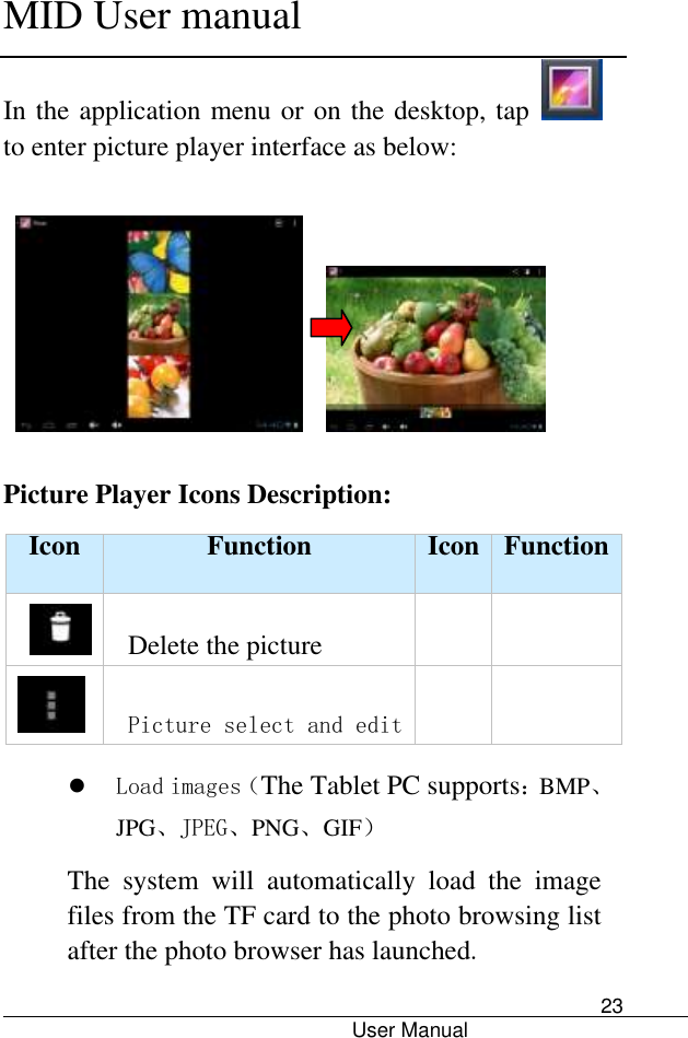      MID User manual                                      User Manual     23 In the application menu or on the desktop, tap  to enter picture player interface as below:       Picture Player Icons Description:     Icon Function Icon Function    Delete the picture     Picture select and edit    Load images（The Tablet PC supports：BMP、JPG、JPEG、PNG、GIF） The  system  will  automatically  load  the  image files from the TF card to the photo browsing list after the photo browser has launched. 